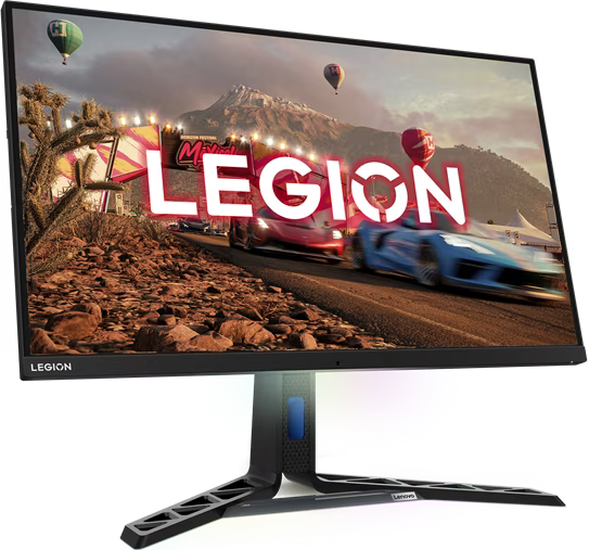 Moniteur de jeu affichant un jeu de course avec le mot 'LEGION'. Des montgolfières sont en arrière-plan.