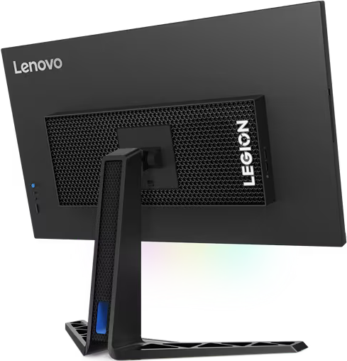 Vue arrière d'un moniteur Lenovo Legion noir. L'arrière a une aération et le logo Legion.