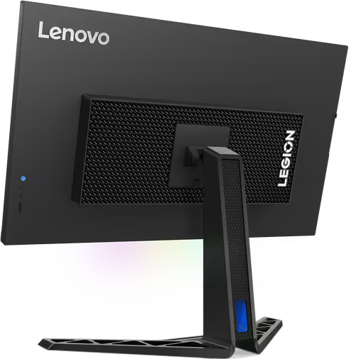 Dos du moniteur Lenovo. Noir avec logo Legion. Support avec éclairage bleu.