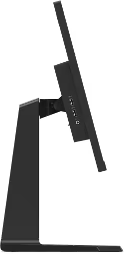 Vue latérale d'un écran d'ordinateur noir sur un support noir, avec les ports latéraux visibles.