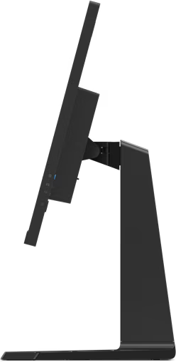 Moniteur d'ordinateur noir vu de côté. Le support est également noir.