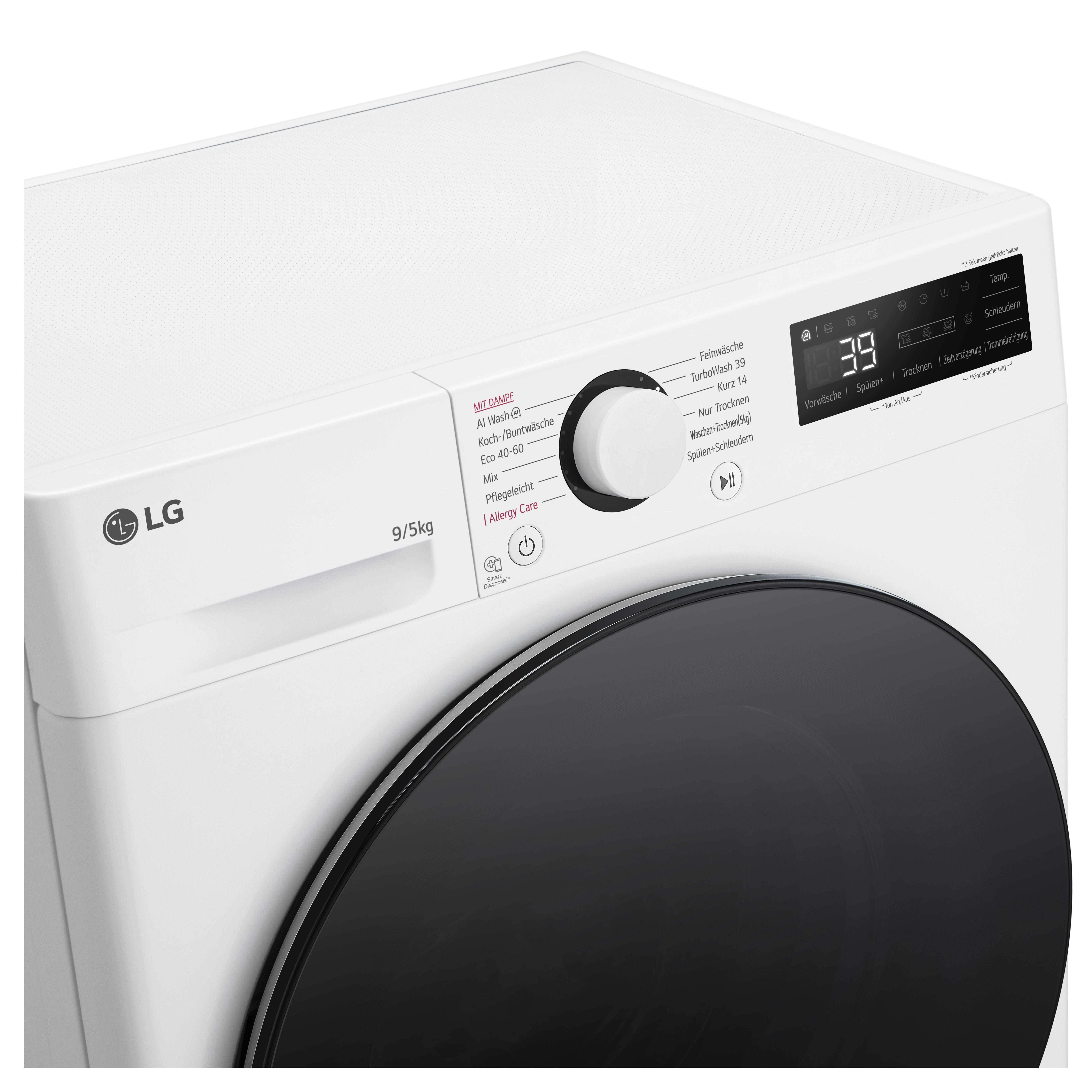 Weiße Waschmaschine mit schwarzer Tür und Bedienfeld.