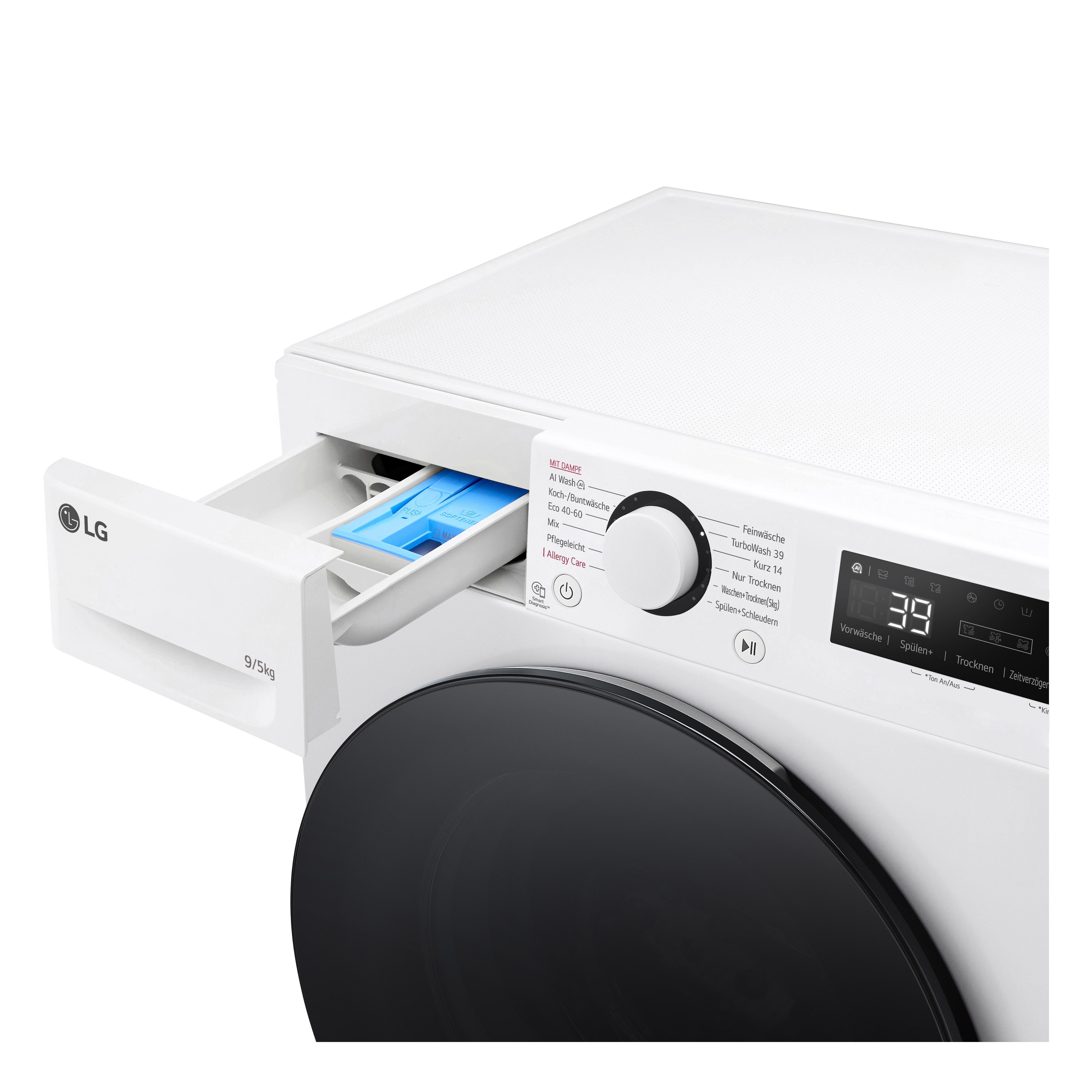 Eine Waschmaschine mit geöffneter blauer Waschmittelschublade und Digitalanzeige.