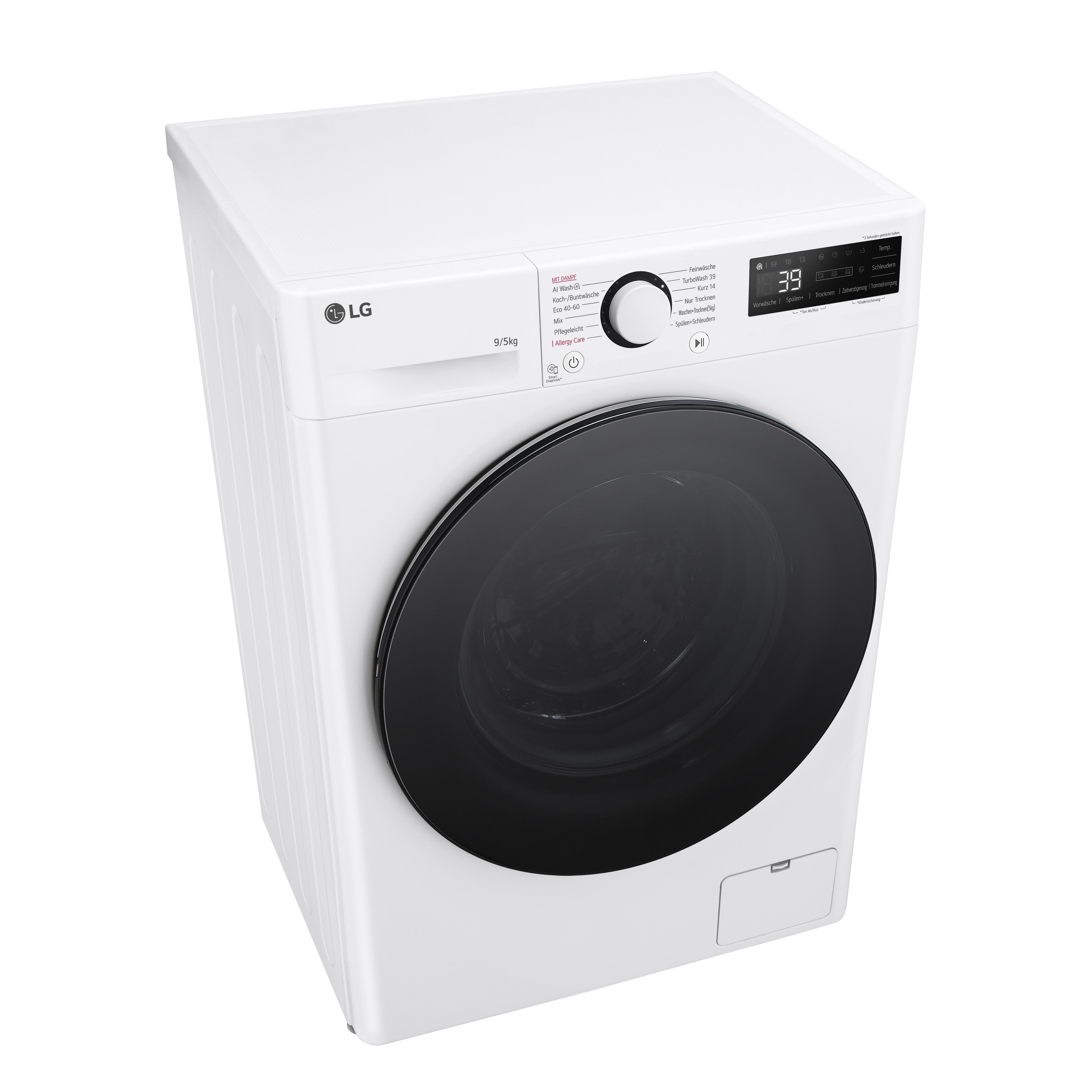 Weiße LG Waschmaschine, Draufsicht, mit einer schwarzen Tür, isoliert.