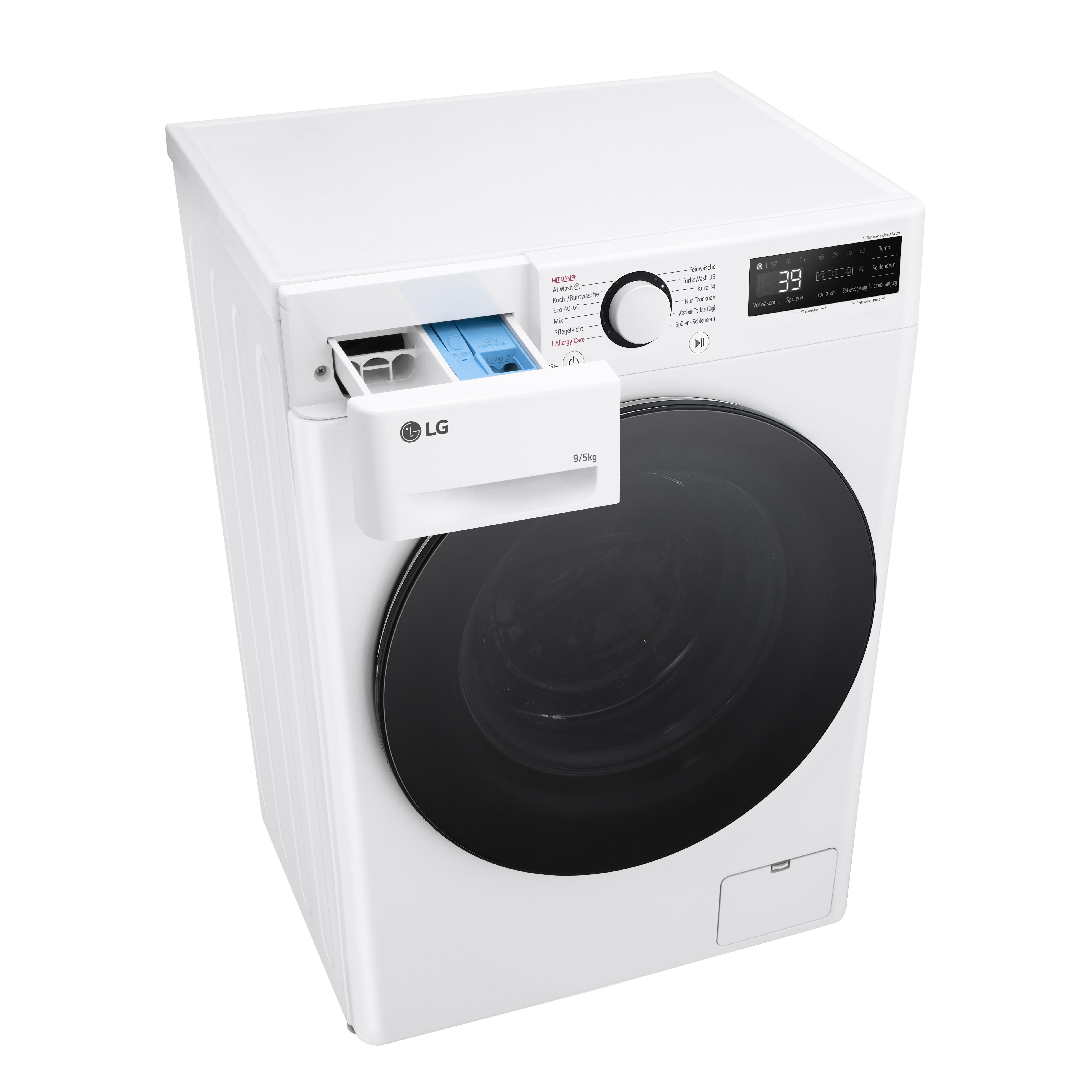 Eine weiße LG Waschmaschine mit geöffneter Waschmittelschublade. Die Maschine ist für eine Draufsicht angewinkelt.