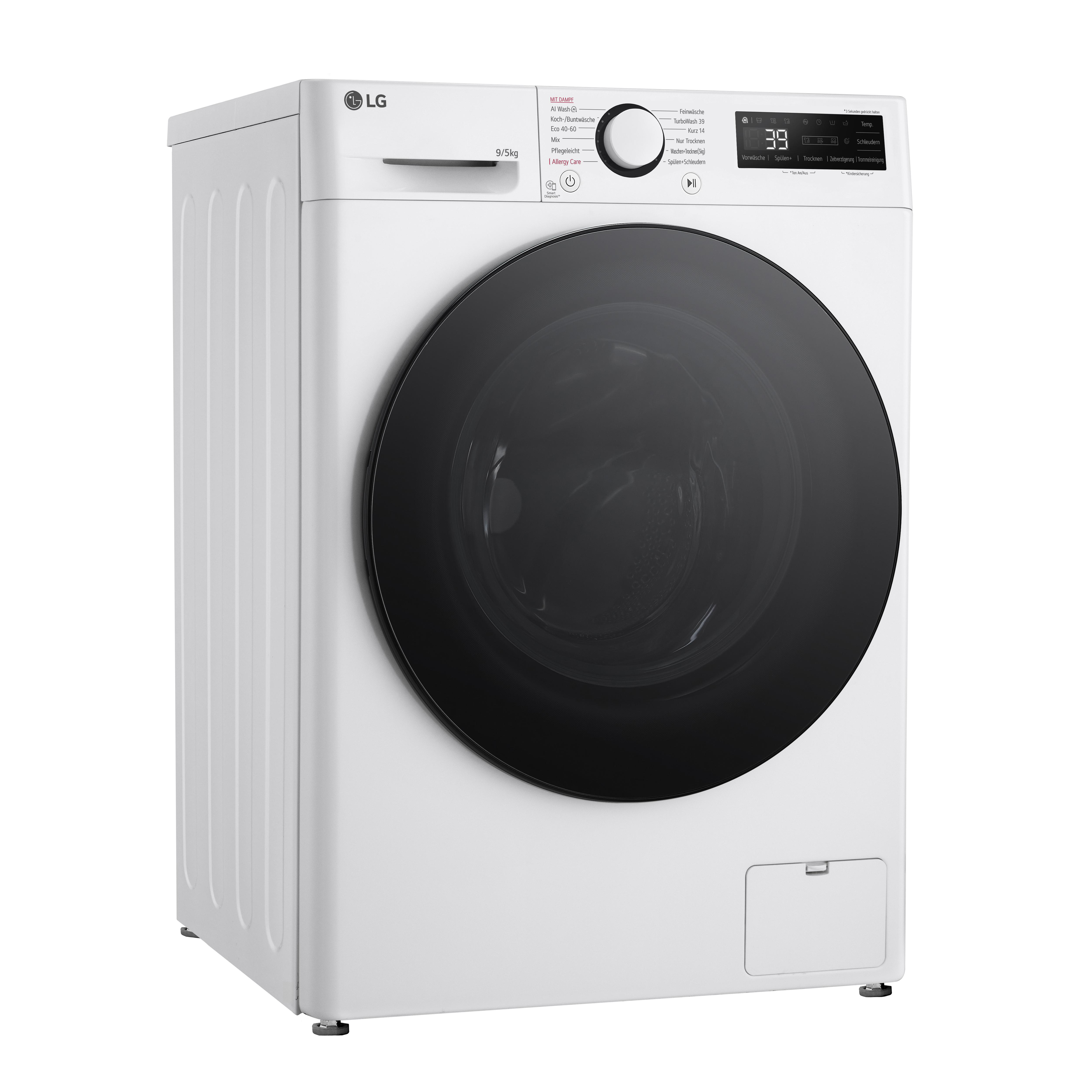 Eine weiße LG Waschmaschine mit schwarzer Tür. Digitalanzeige und Bedienfeld sind sichtbar.