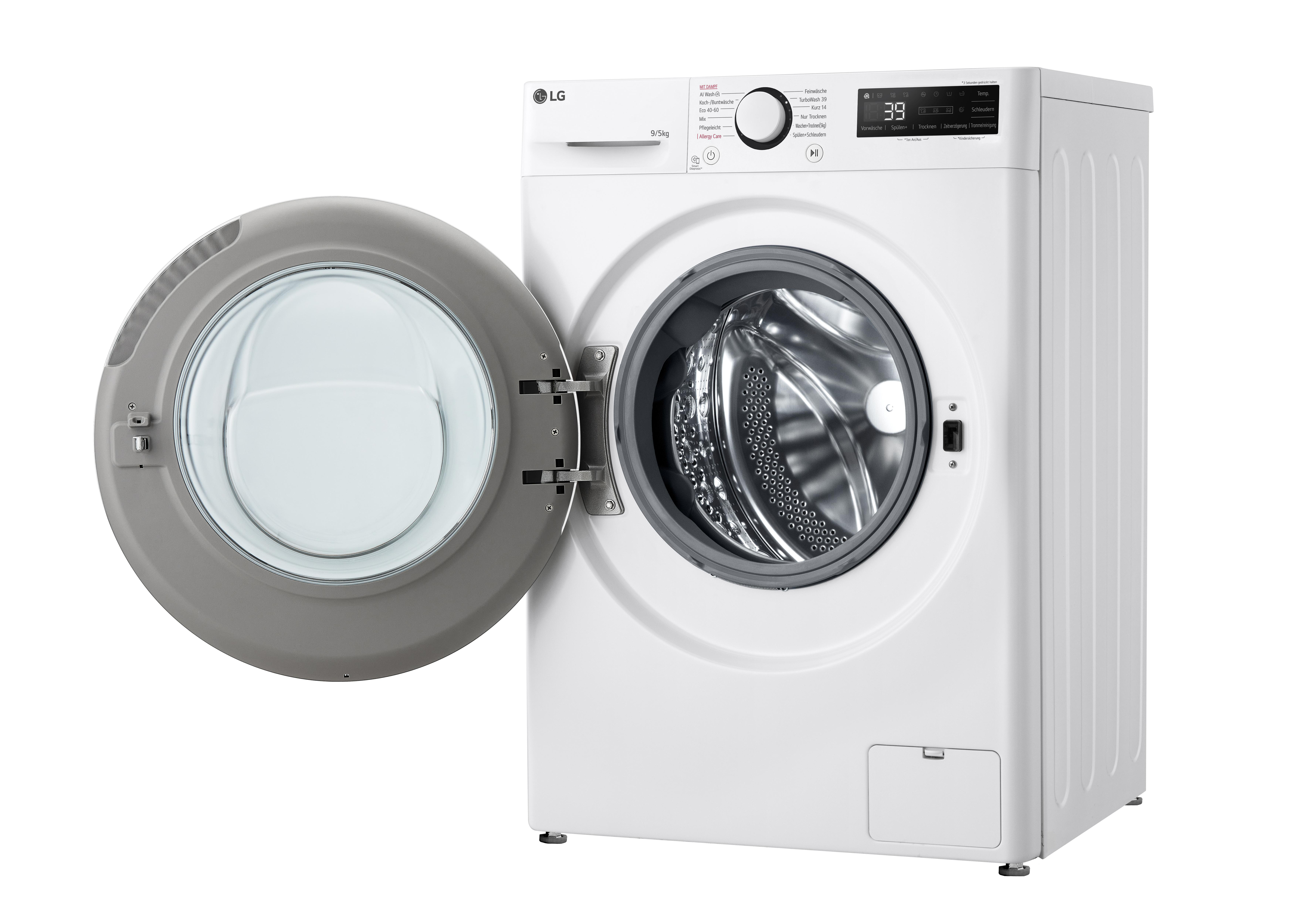 Weiße LG Waschmaschine mit offener Tür. Ein Bedienfeld ist sichtbar. Weißer Hintergrund.