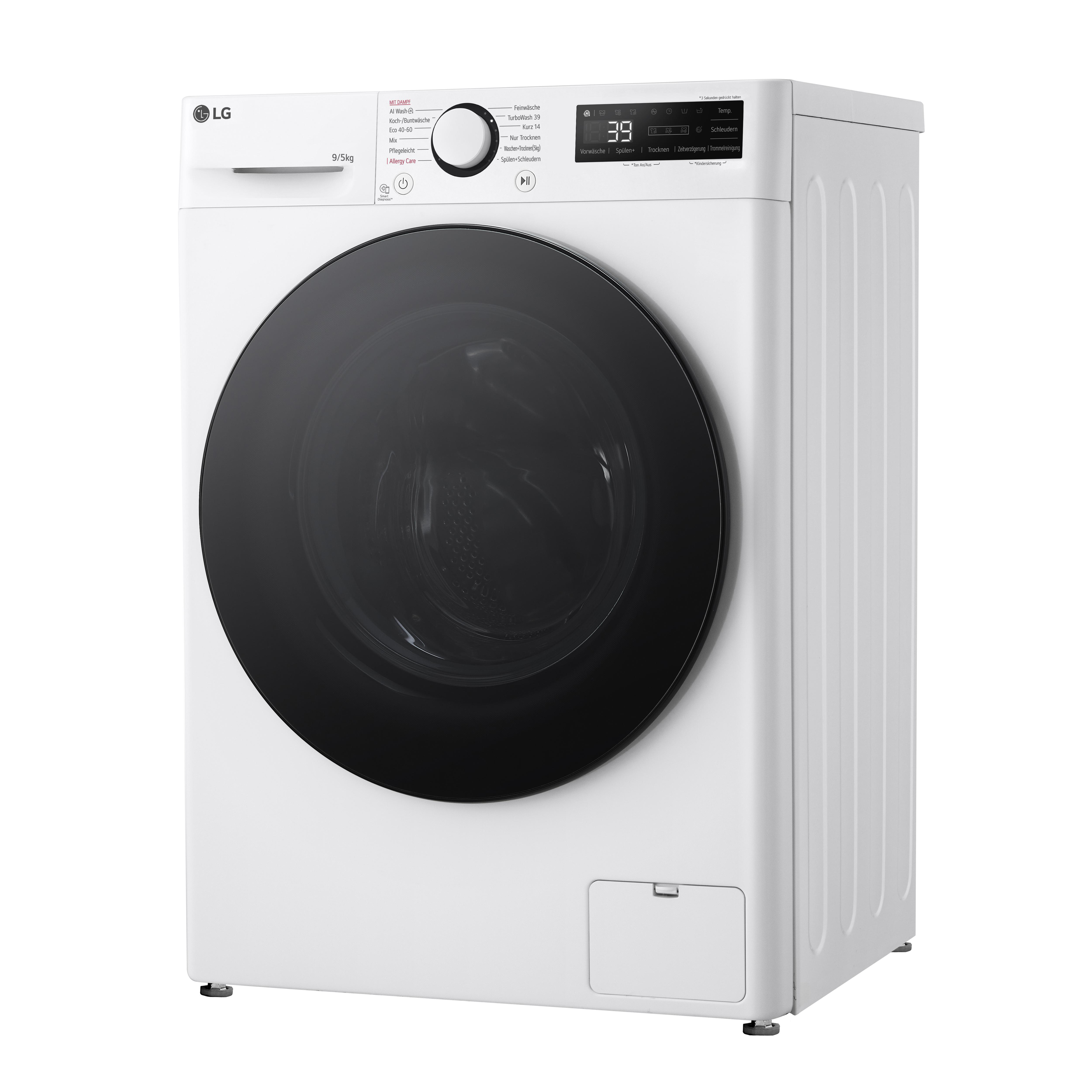 Weiße LG Waschmaschine, Vorderansicht, mit schwarzer Tür und Bedienfeld oben.
