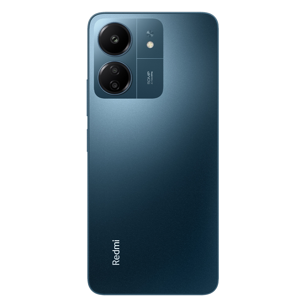 Mavi akıllı telefon arkası, kamera detayları, Redmi markası.