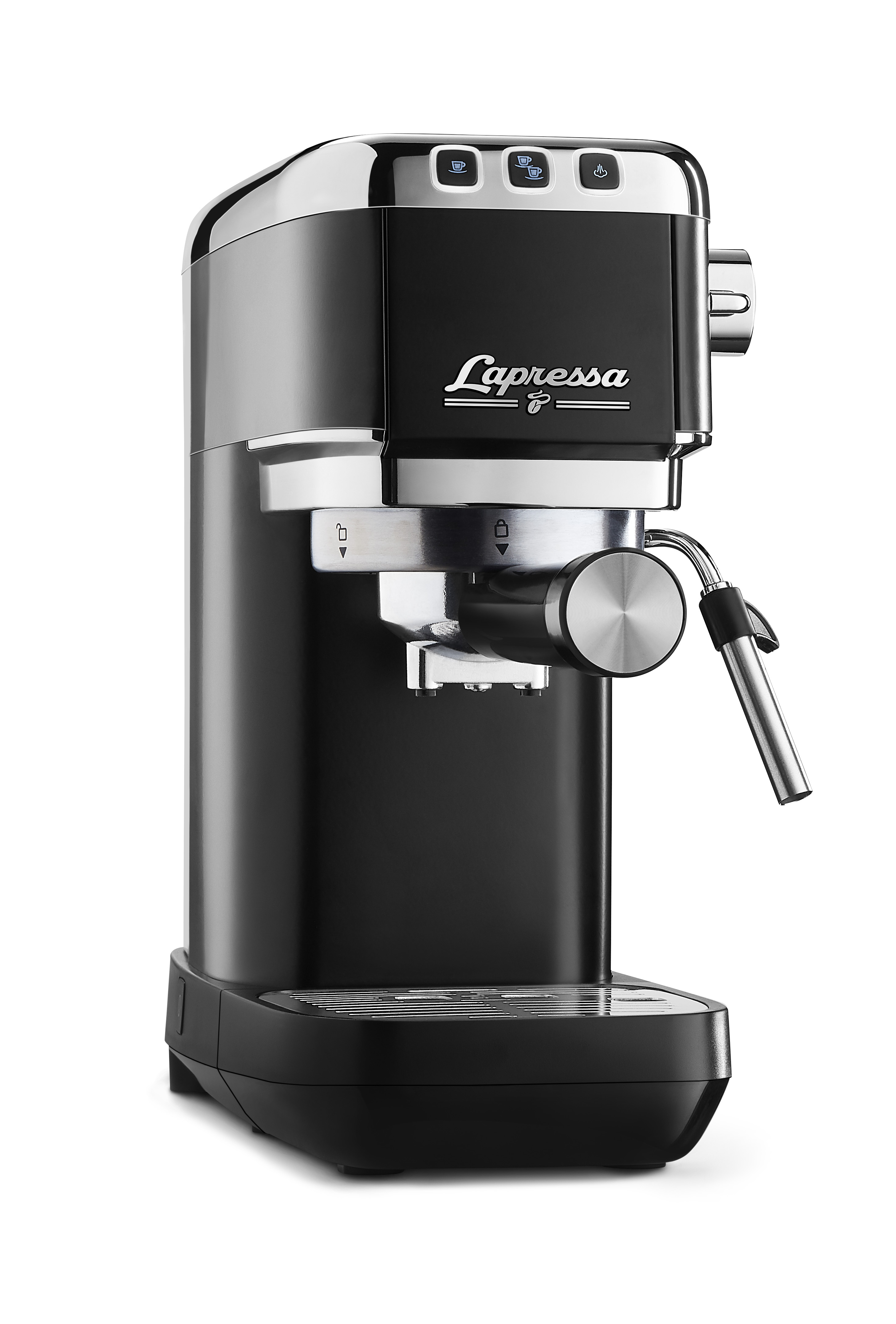 Gümüş vurgulu siyah espresso makinesi. Makinenin bir su deposu ve bir buhar çubuğu vardır.