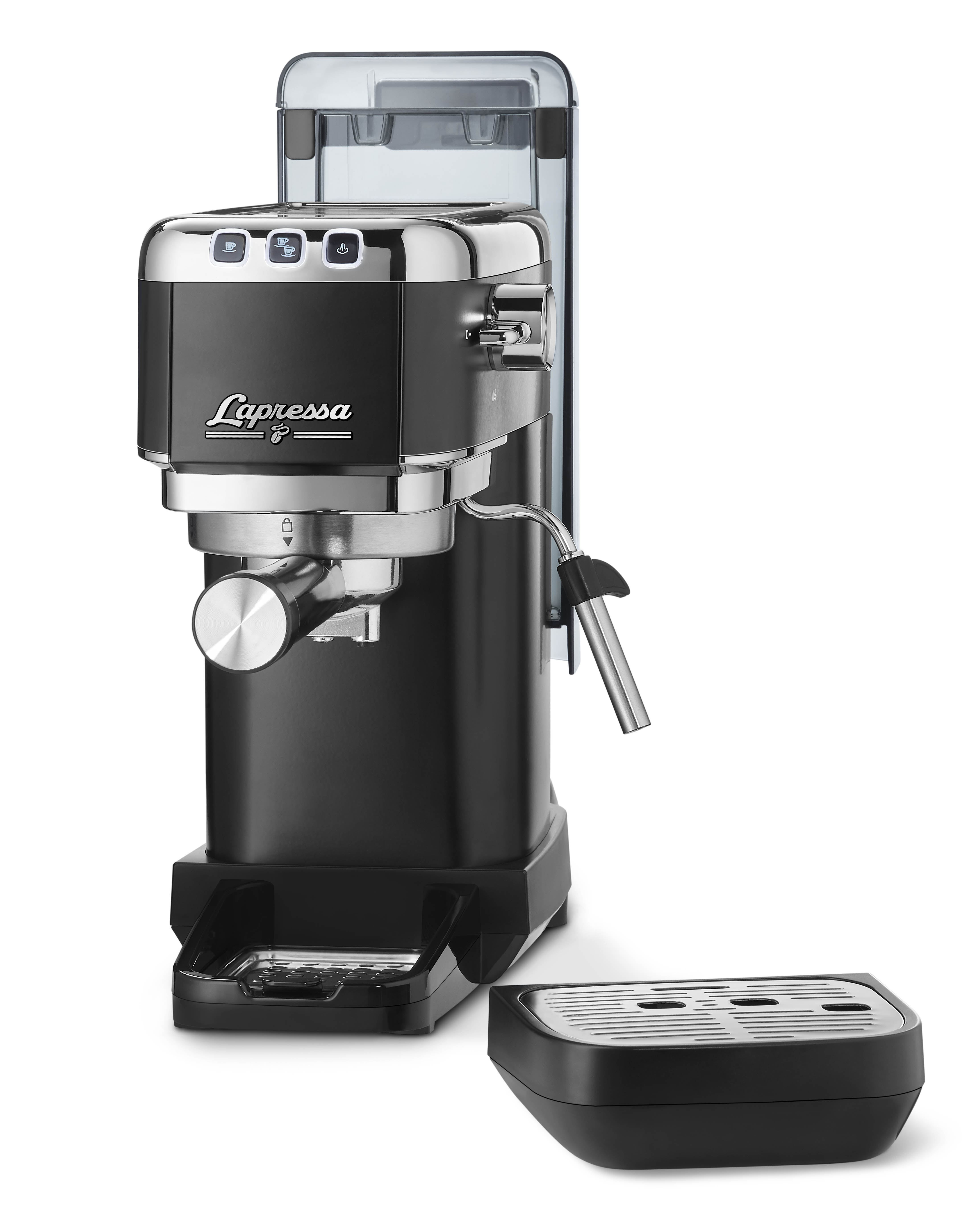 Gümüş vurguları ve bir su deposu olan siyah bir espresso makinesi.