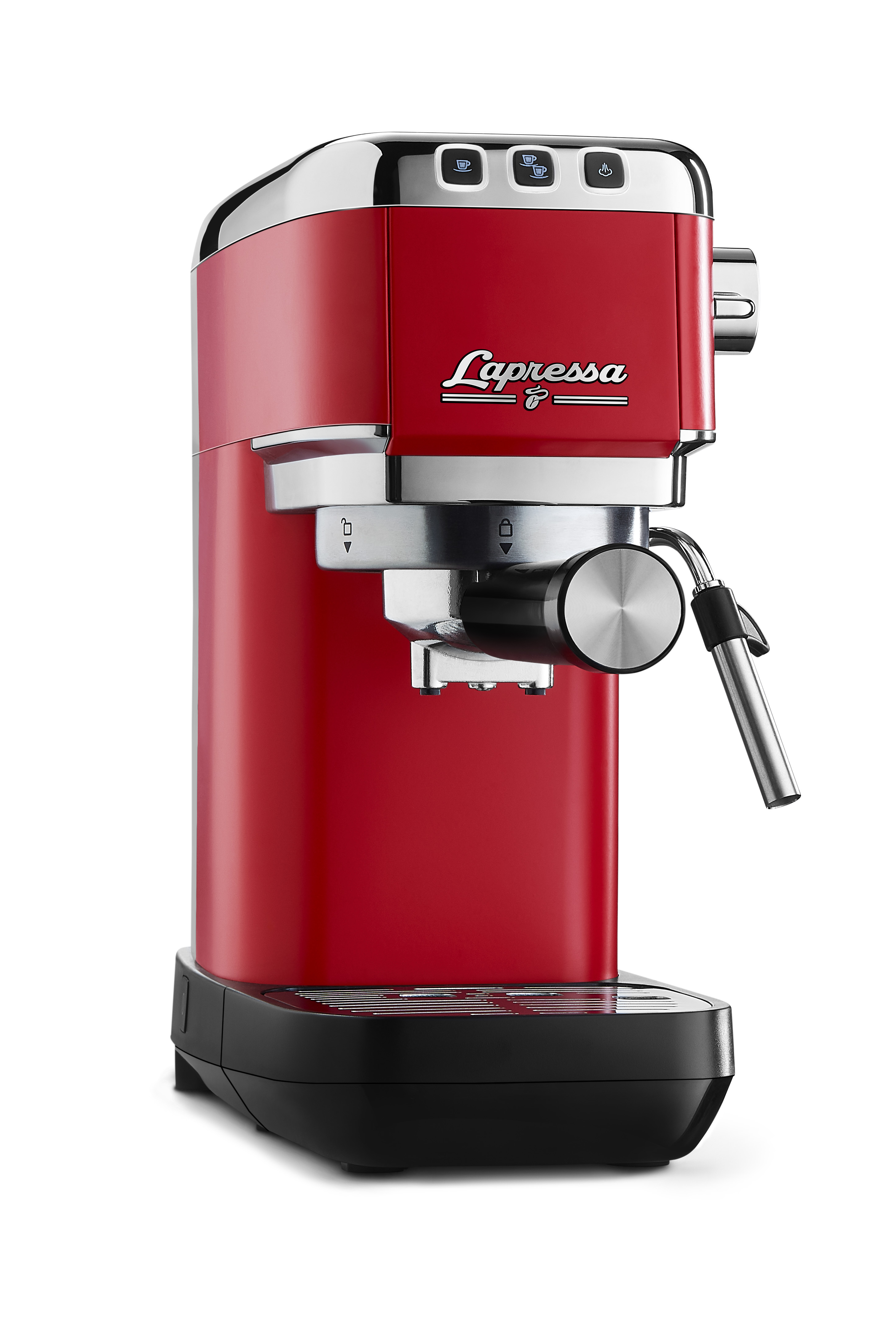 Kırmızı espresso makinesi, krom detaylar, siyah taban.