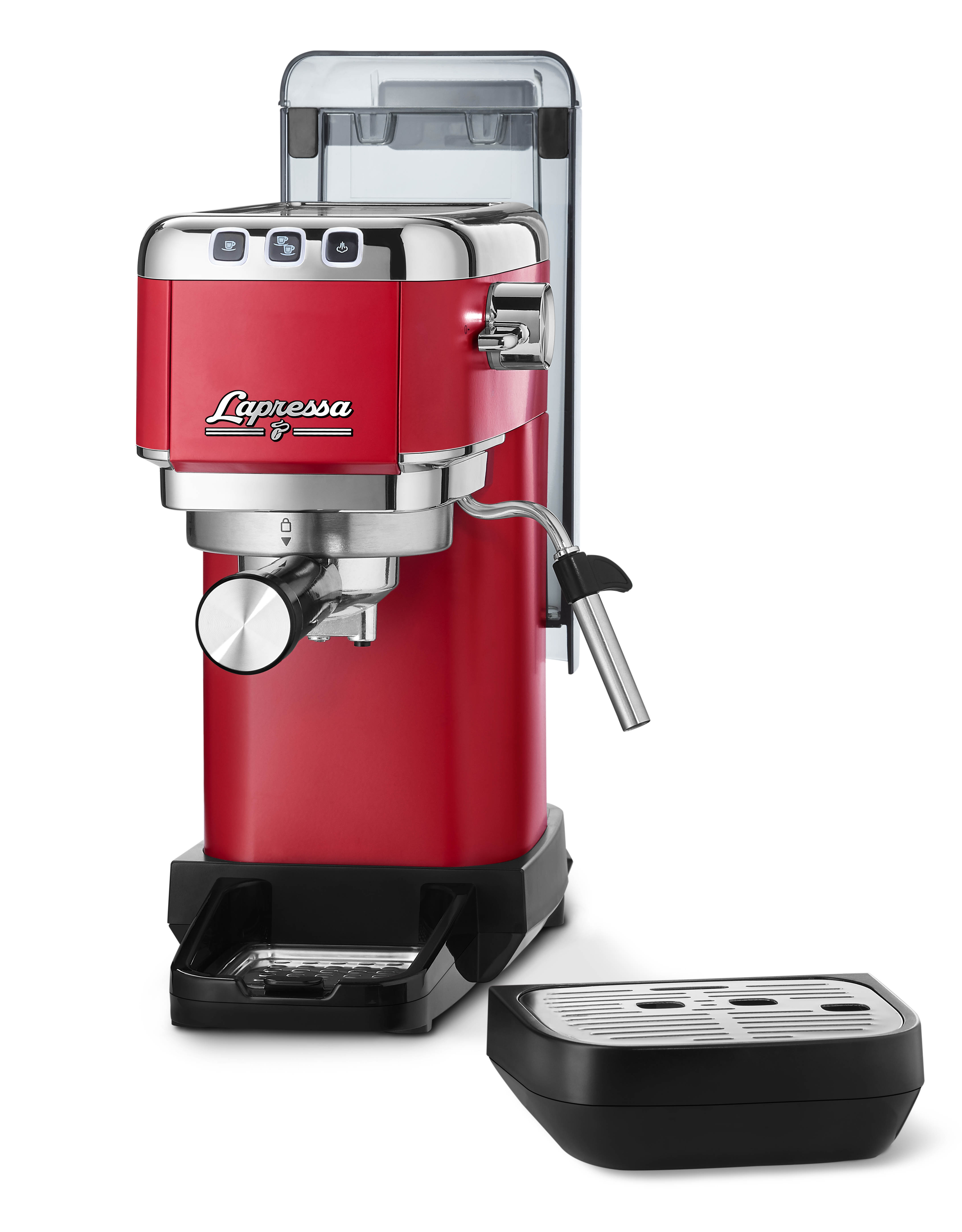 Su tankı ve siyah bir damlama tepsisi olan kırmızı bir espresso makinesi.