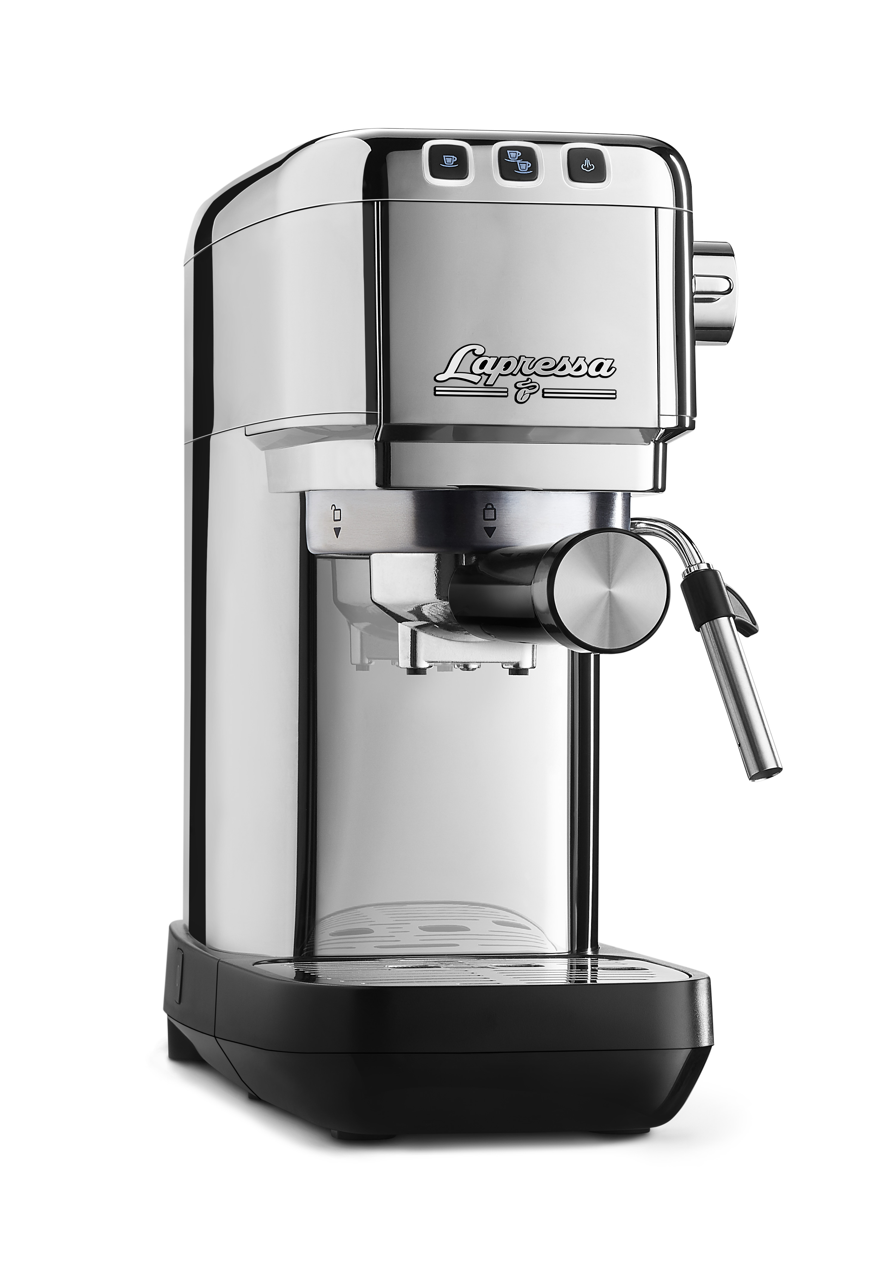 Siyah tabanlı, marka adını gösteren paslanmaz çelik bir espresso makinesi.