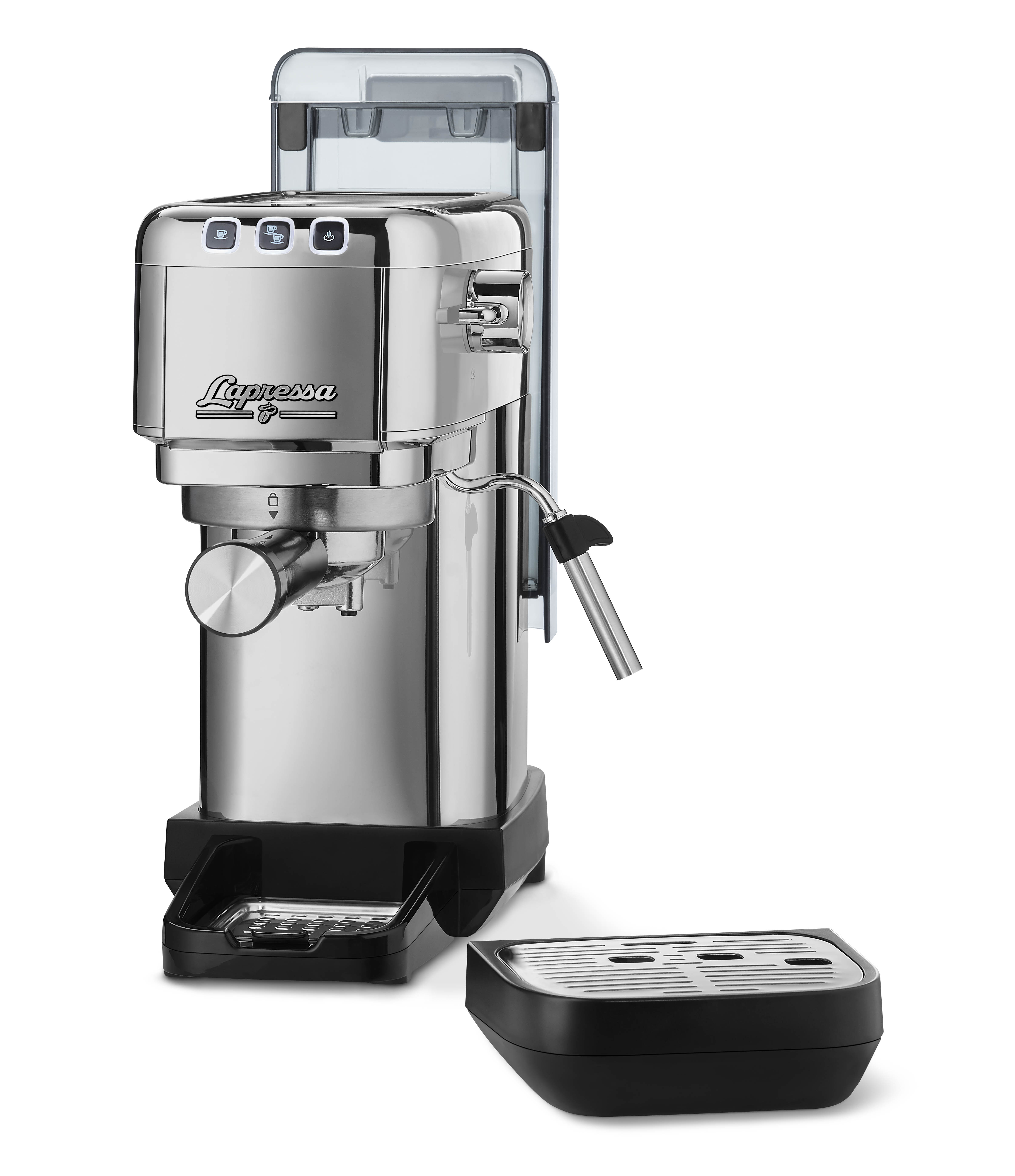 Siyah tabanlı ve su tanklı gümüş bir espresso makinesi.