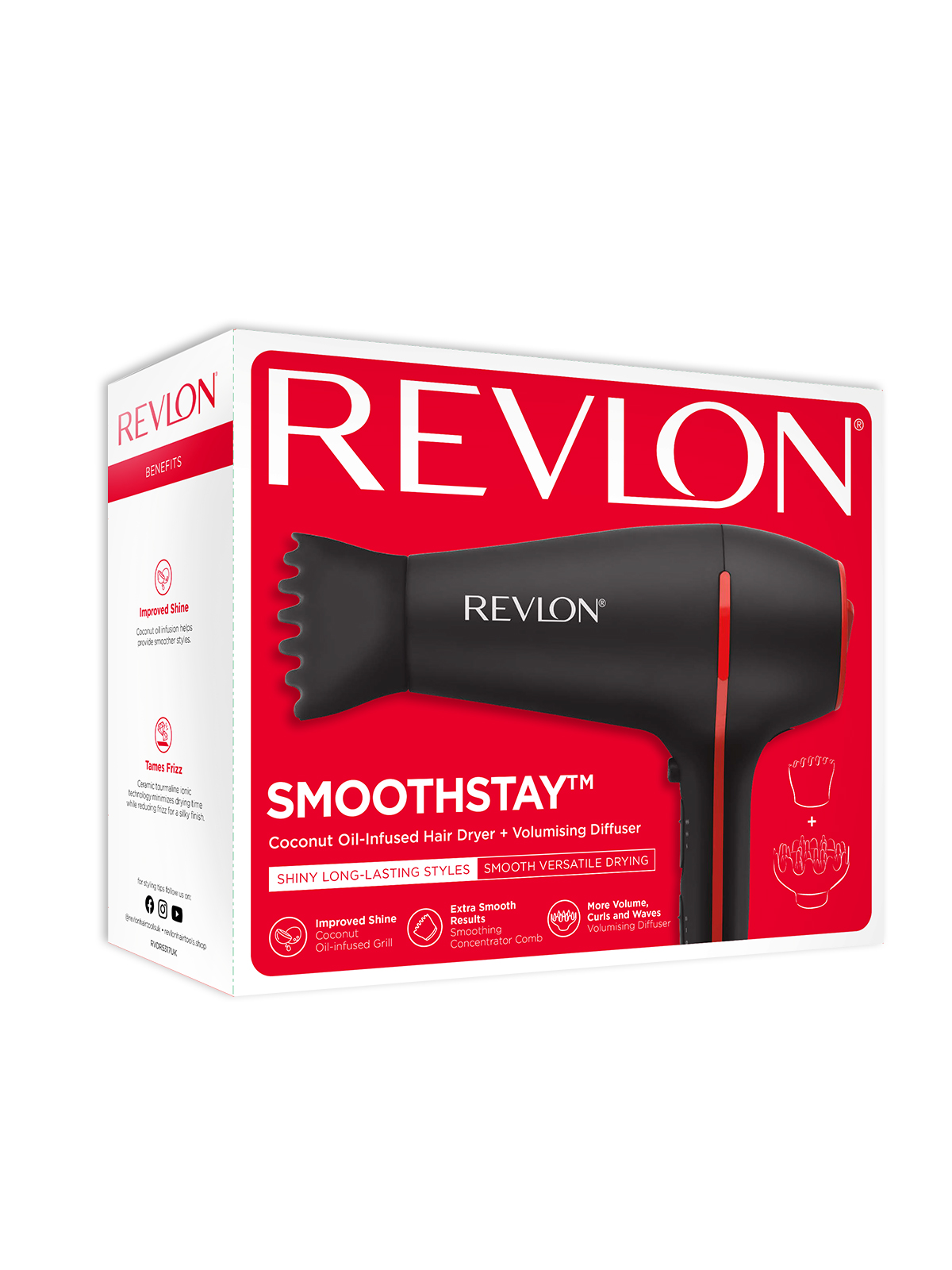 Revlon saç kurutma makinesi kutusu. Kutu beyaz, Revlon logosu ve siyah-kırmızı bir saç kurutma makinesi içeriyor.