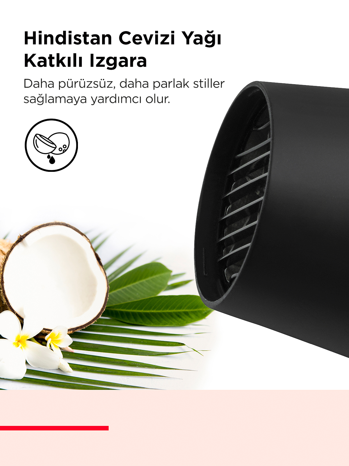 Siyah bir saç kurutma makinesinin, yarım hindistan cevizinin, yaprakların ve Türkçe metnin yakın çekimi.