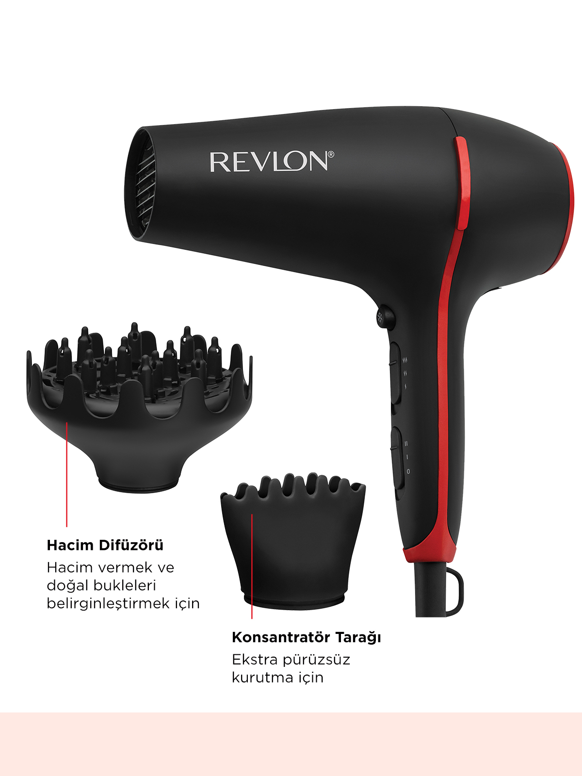 Kırmızı detaylı siyah Revlon saç kurutma makinesi ve şekillendirme için iki başlık.
