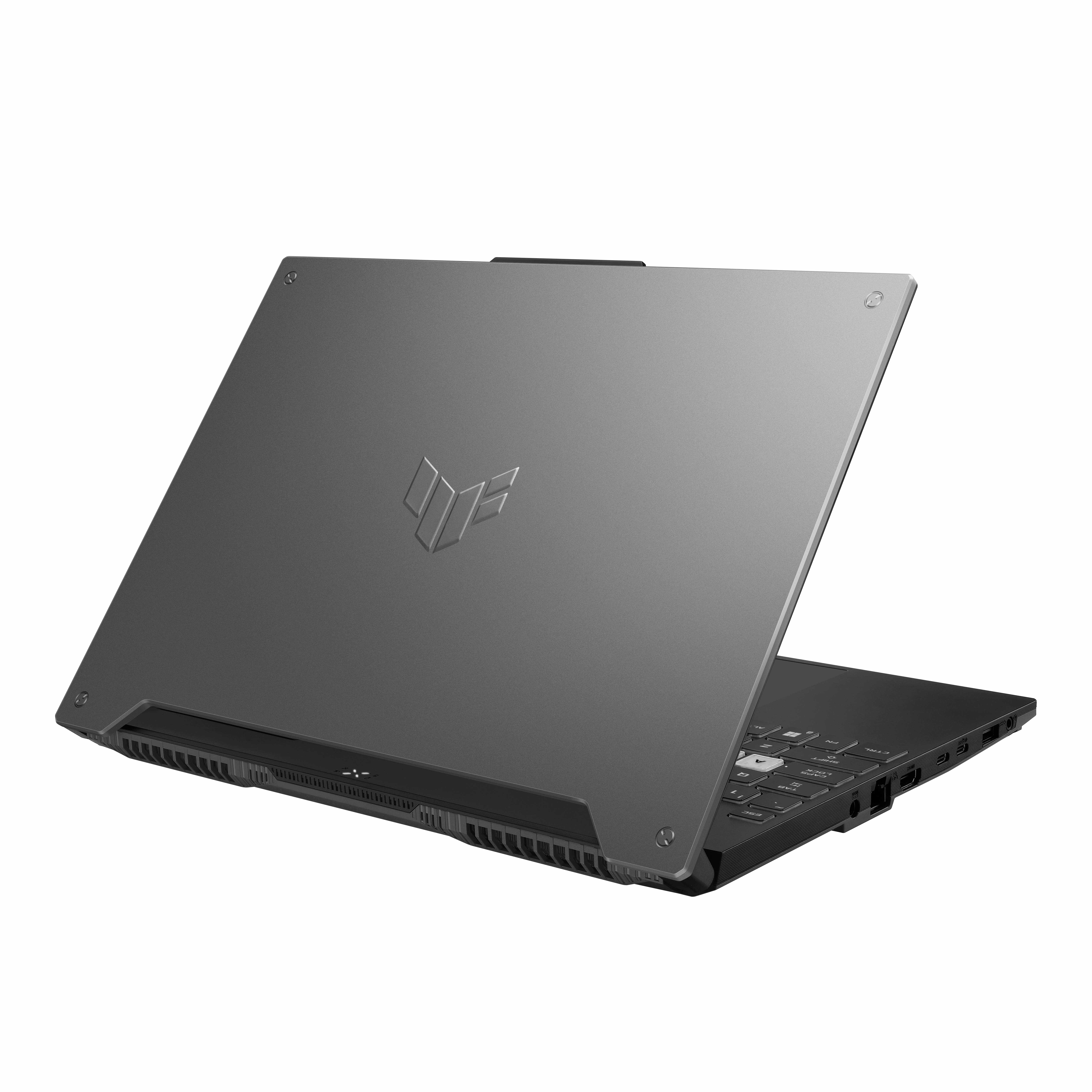 Gri bir dizüstü bilgisayar beyaz bir arka plan üzerinde açık. ASUS logosu görünür.