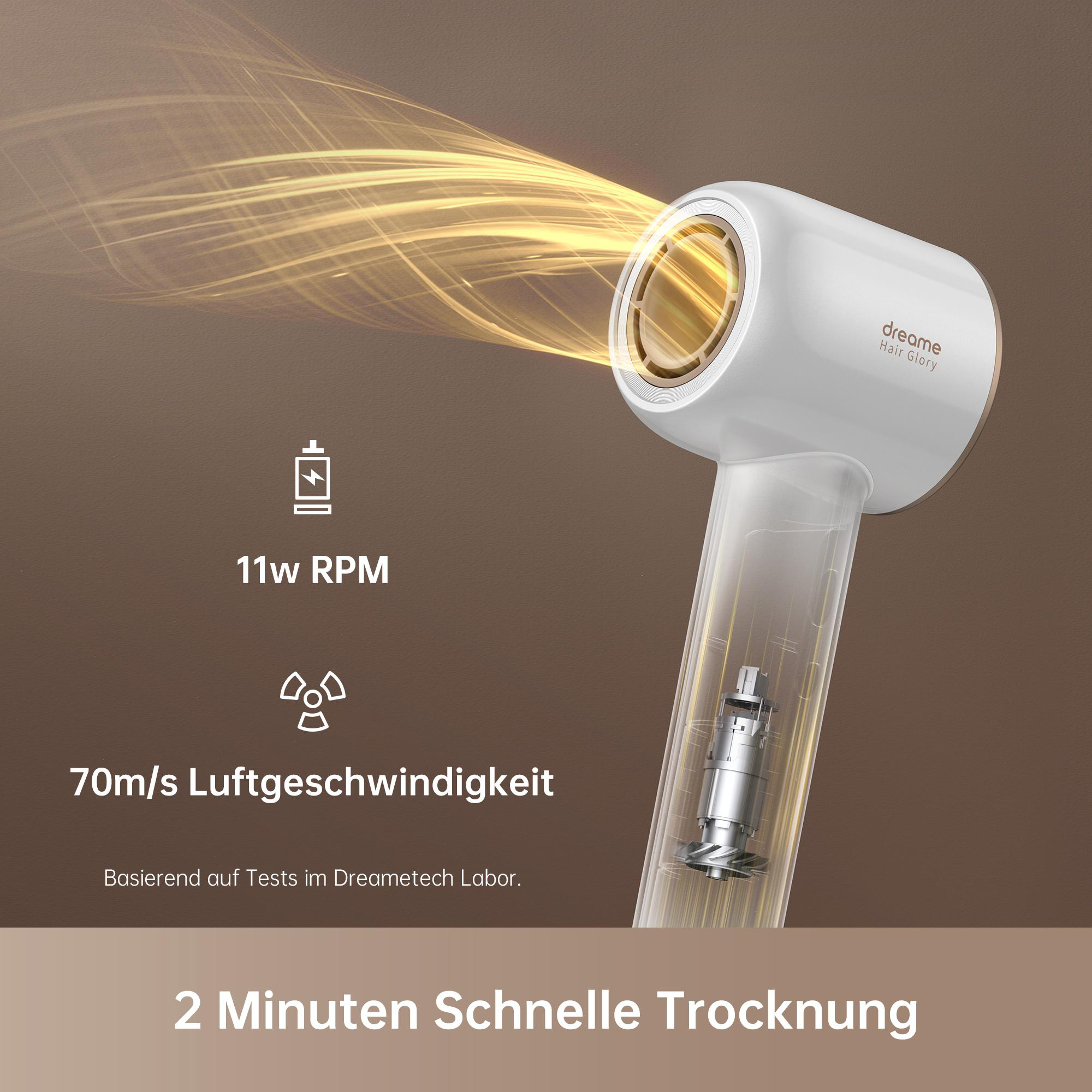 Weißer Haartrockner mit Text und Grafiken auf braunem Hintergrund.