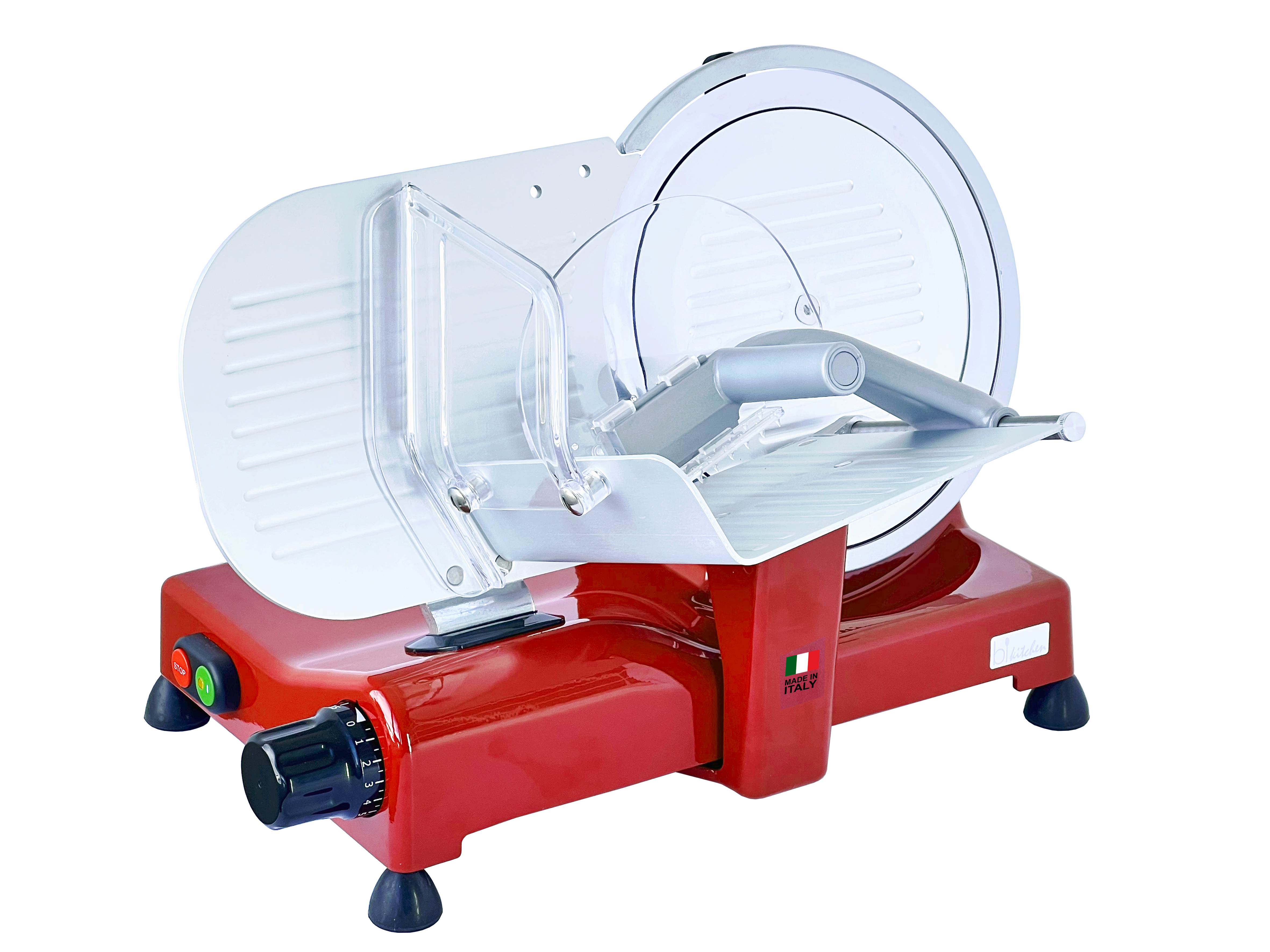 Roter Fleischschneider mit weißen und transparenten Teilen. Made in Italy-Etikett sichtbar.