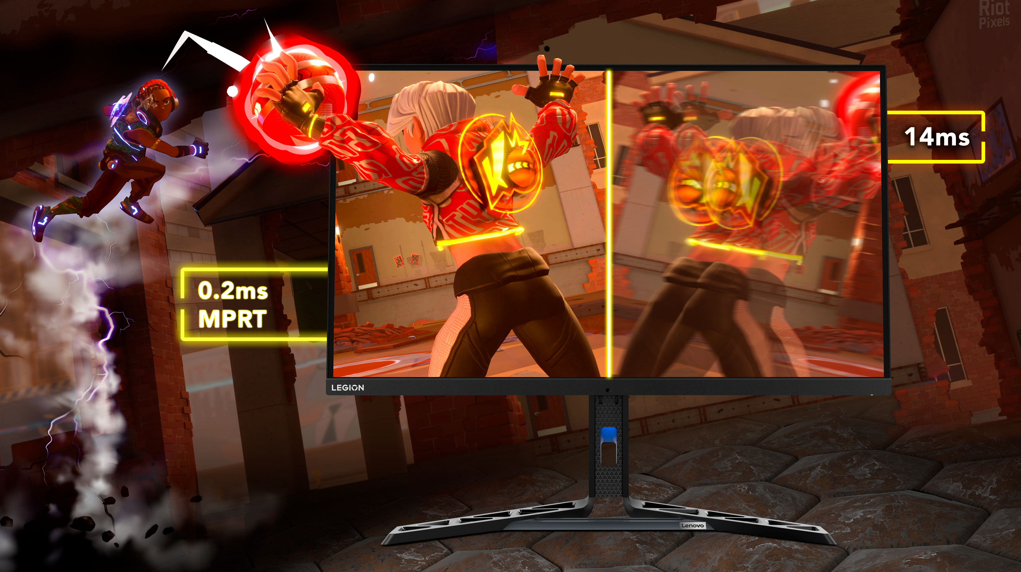 Un écran de jeu affiche une scène de jeu avec un personnage, montrant des temps de réponse de 0,2 ms et 14 ms.
