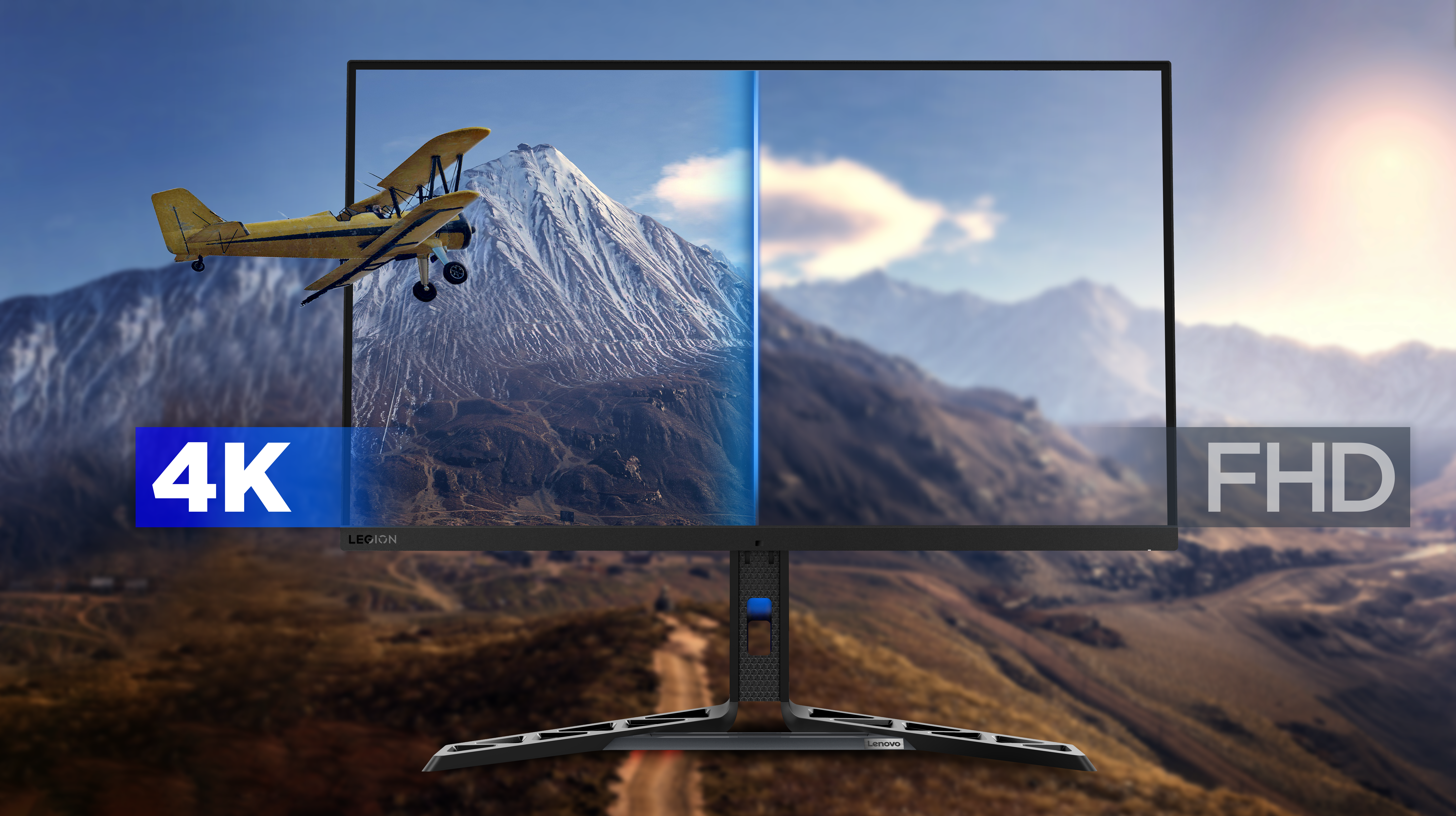 Un écran montre un biplan volant près d'une montagne enneigée. L'écran affiche 4K et FHD. L'arrière-plan montre une chaîne de montagnes.