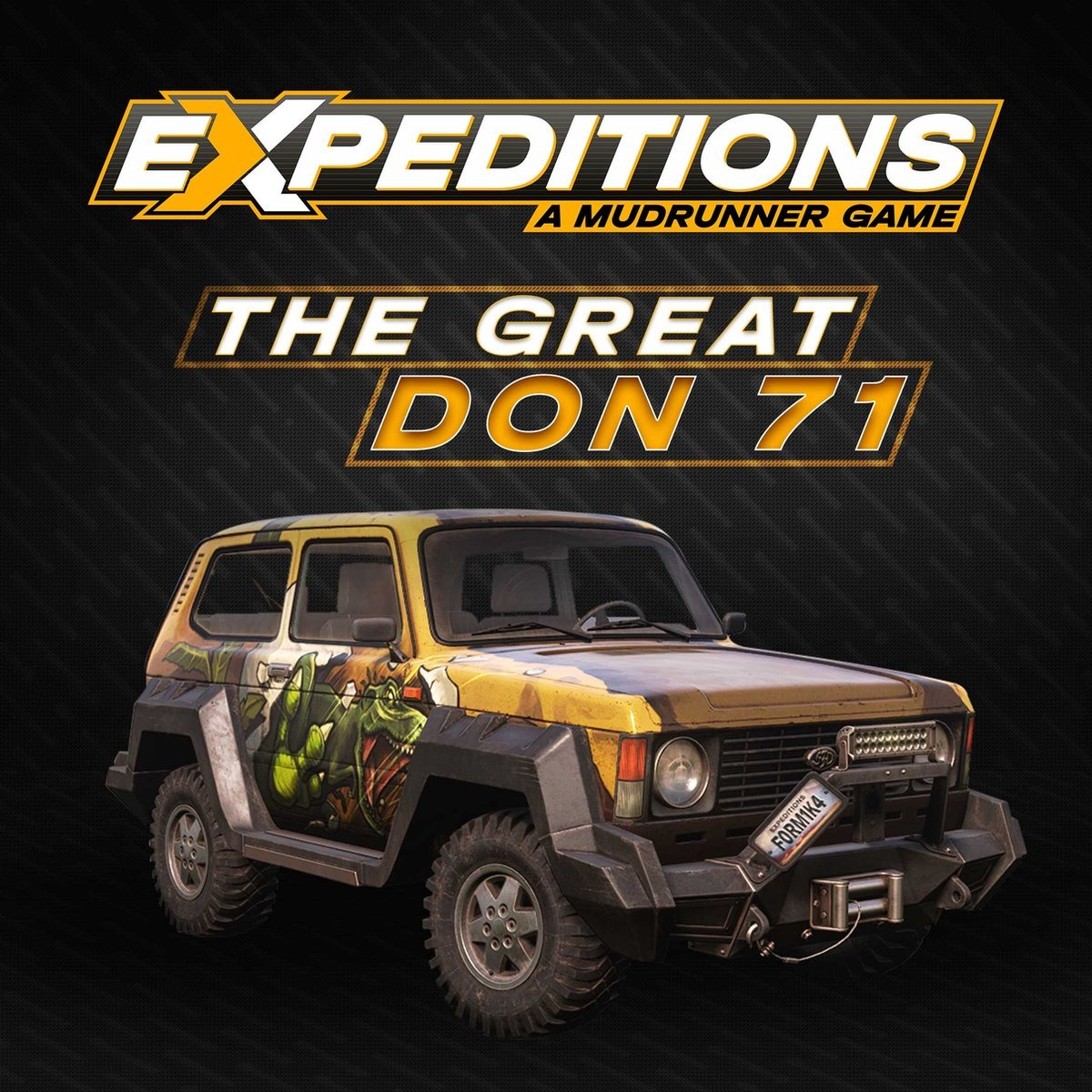 La voiture The Great Don 71, couleurs jaune et marron, avec un dessin animé sur le côté.