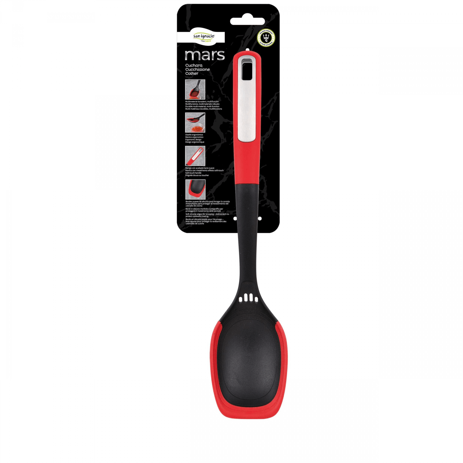 Cuchara de cocina roja y negra en una tarjeta de producto, con instrucciones y detalles.
