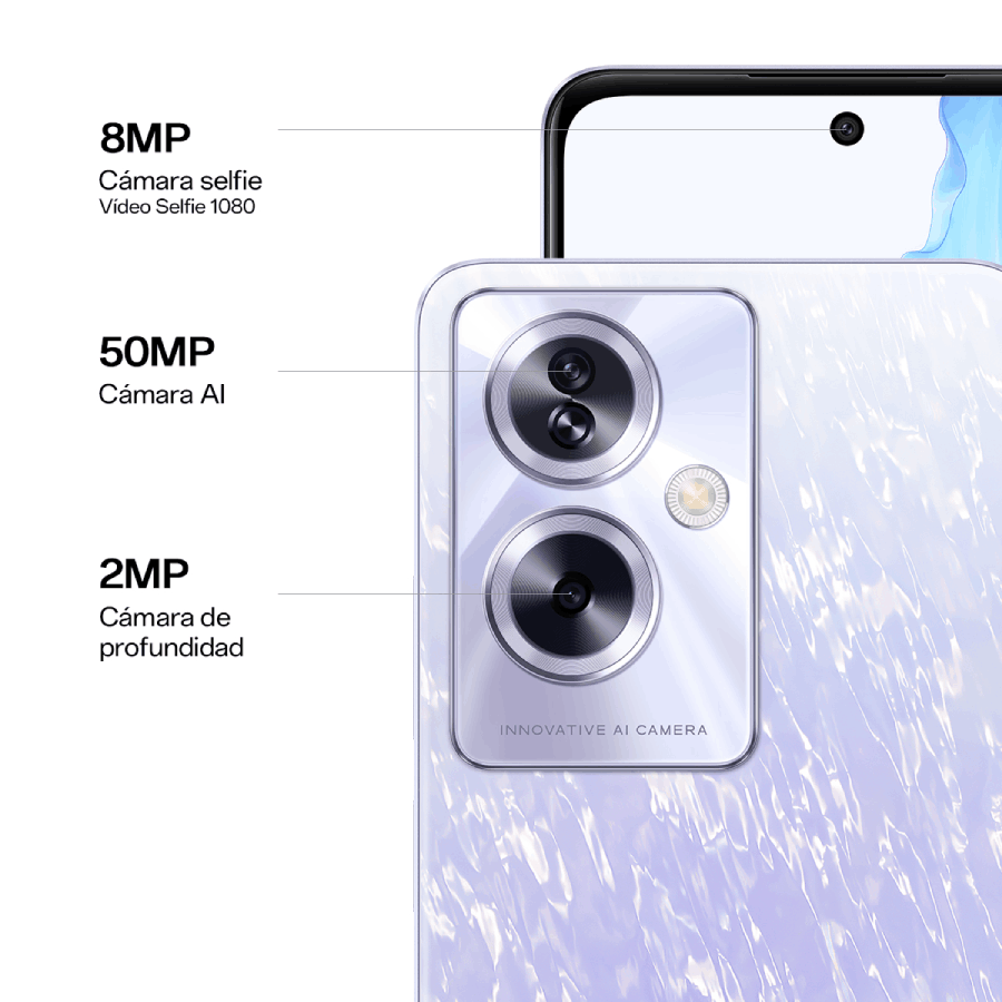 Primer plano del módulo de cámara de un smartphone. Los detalles de la cámara: selfie de 8MP, IA de 50MP y cámara de profundidad de 2MP.
