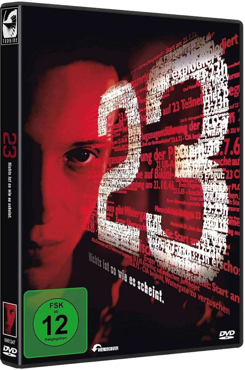 DVD-Hülle für den Film '23'. Das Cover zeigt ein rotes Gesicht und Text auf dunklem Hintergrund.