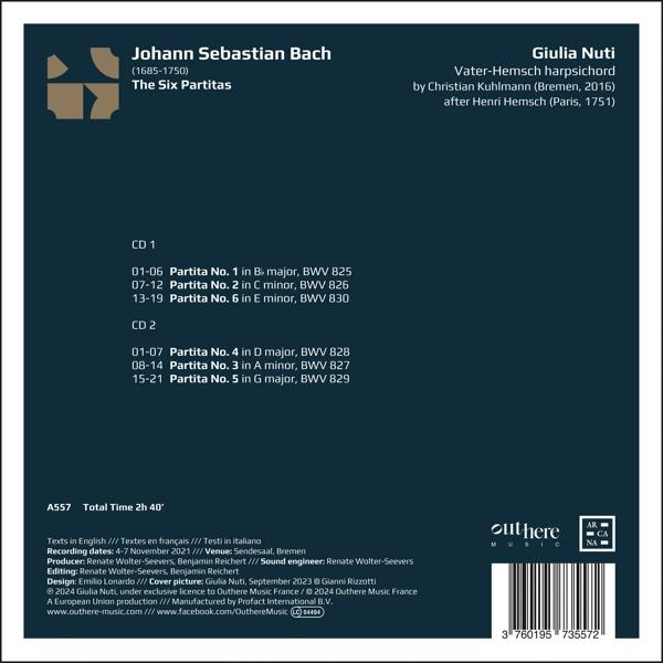 Cover für Bachs Die Sechs Partiten von Giulia Nuti. Details zu den CDs sind aufgeführt.