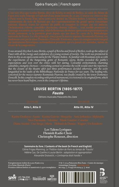 Rückseite eines Buches über Louise Bertins Oper Faust mit Texten und Besetzungsliste.