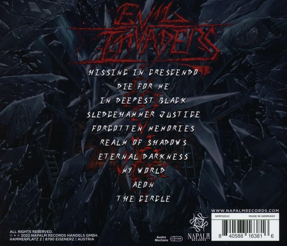 Albumcover mit rotem Text auf dunklem Hintergrund. Text enthält Bandnamen und Songtitel.