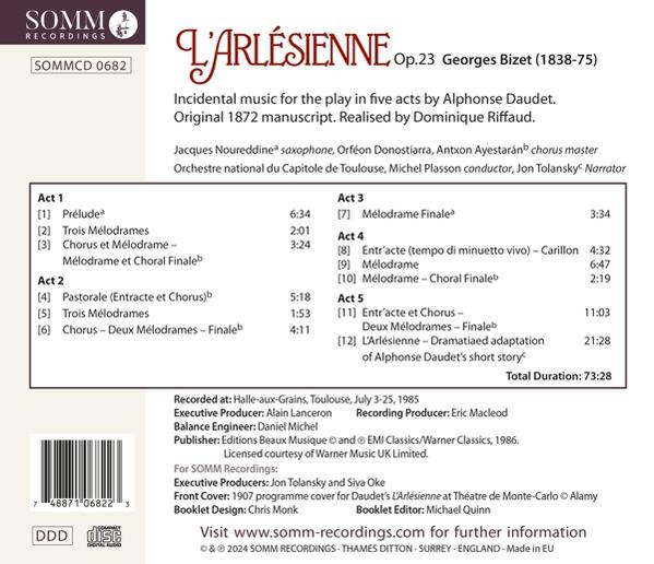 CD-Cover: L'Arlésienne von Bizet, Trackliste, Aufnahmeinfos, SOMM Recordings Logo.