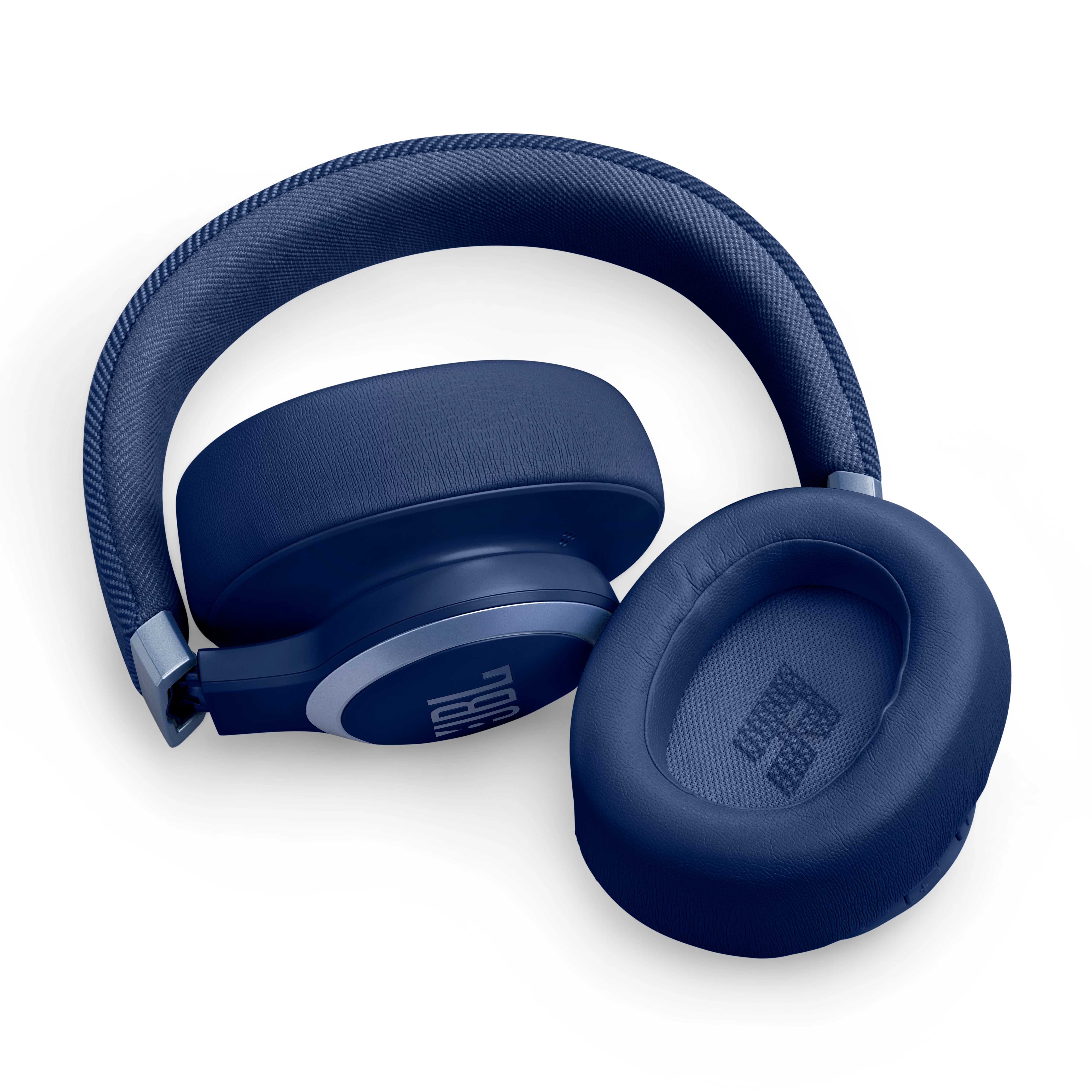 Mavi bir kafa bandı ve kulaklıklarla mavi JBL kulaklık.