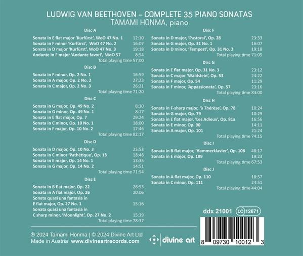Rückseite eines CD-Covers mit Beethovens Klaviersonaten-Liste, Tamami Honma.