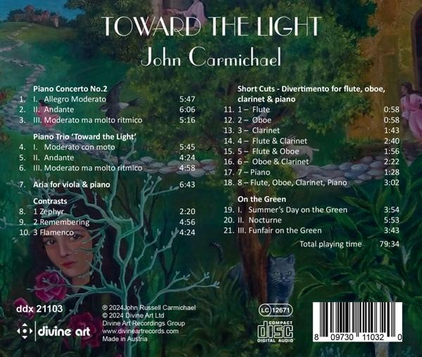 CD-Cover für "Toward the Light" von John Carmichael mit einem Waldbild und Titelliste.