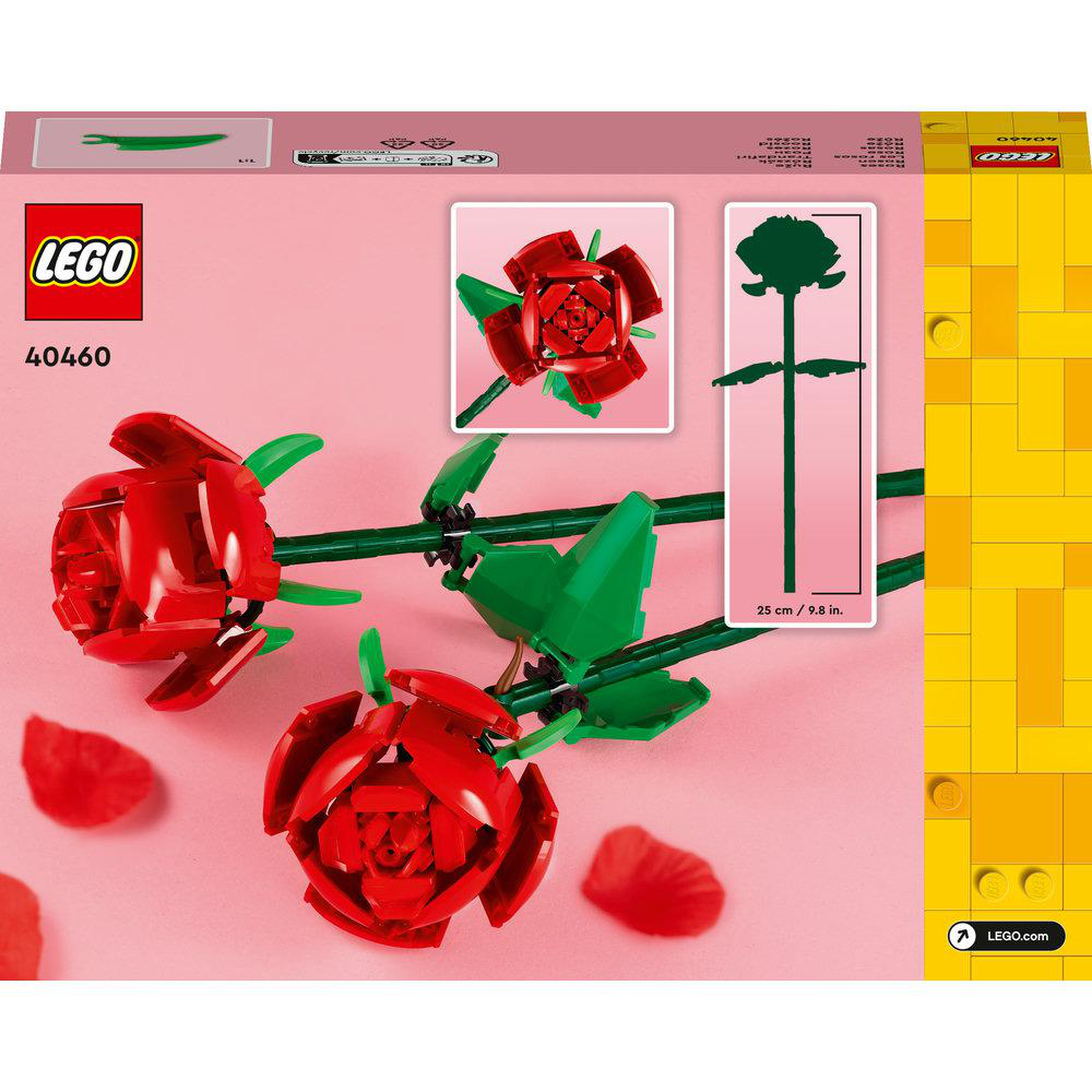 LEGO Set von roten Rosen. Zeigt zusammengebaute Rosen, grüne Blätter und eine Box mit Anleitungen.