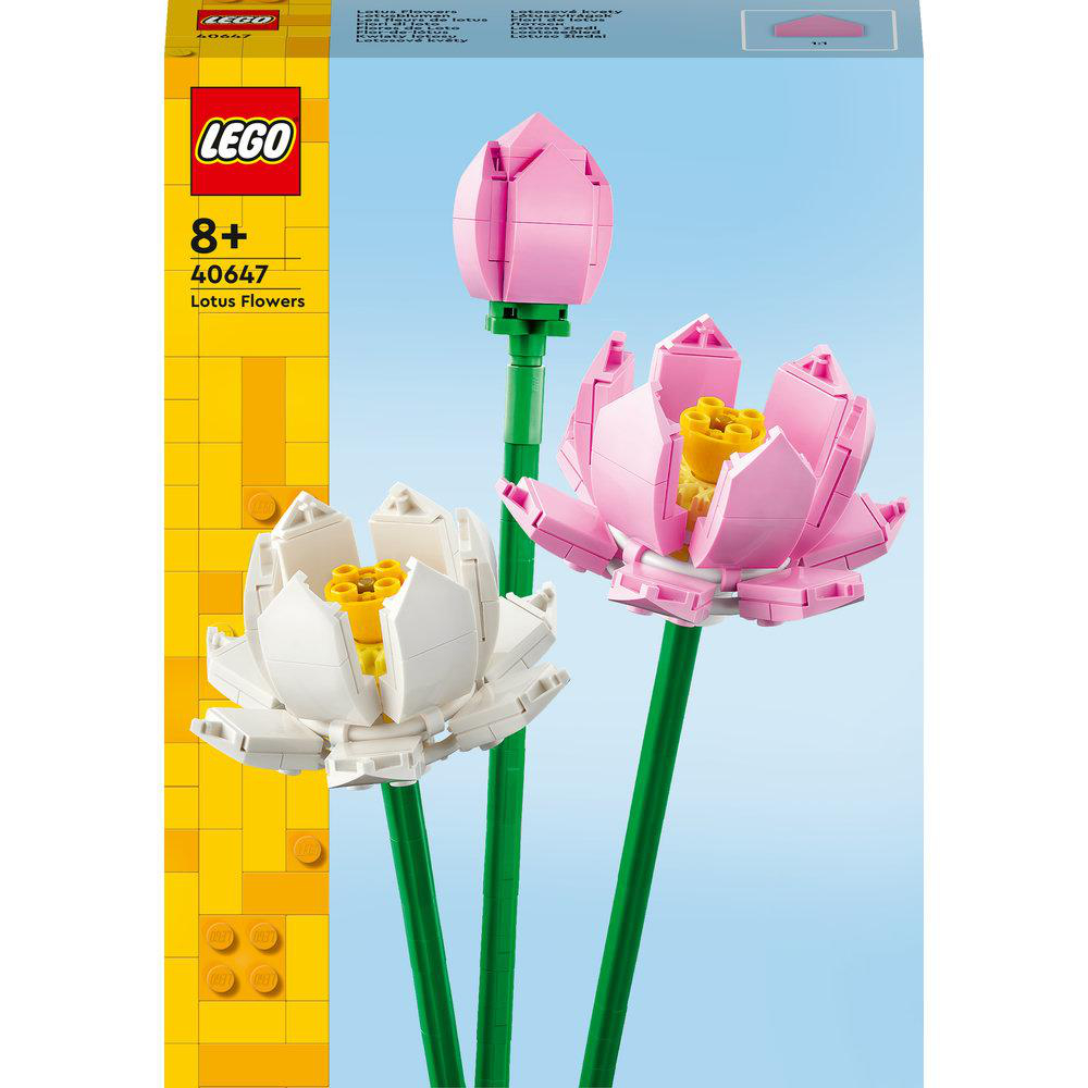 Lego-Set mit rosa und weißen Lotusblumen und grünen Stielen.