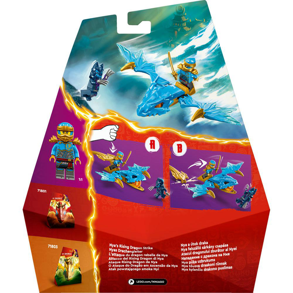 Box-Art eines Lego Ninjago Sets mit Figuren und Drachen.