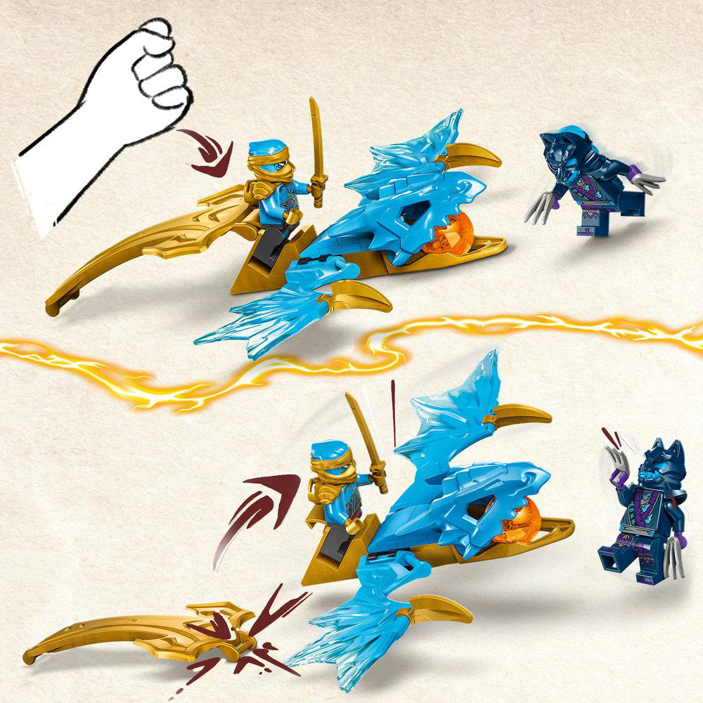 Lego Ninjago Set mit Ninja-Figuren auf einem Flugobjekt, mit Anweisungen auf weißem Hintergrund.