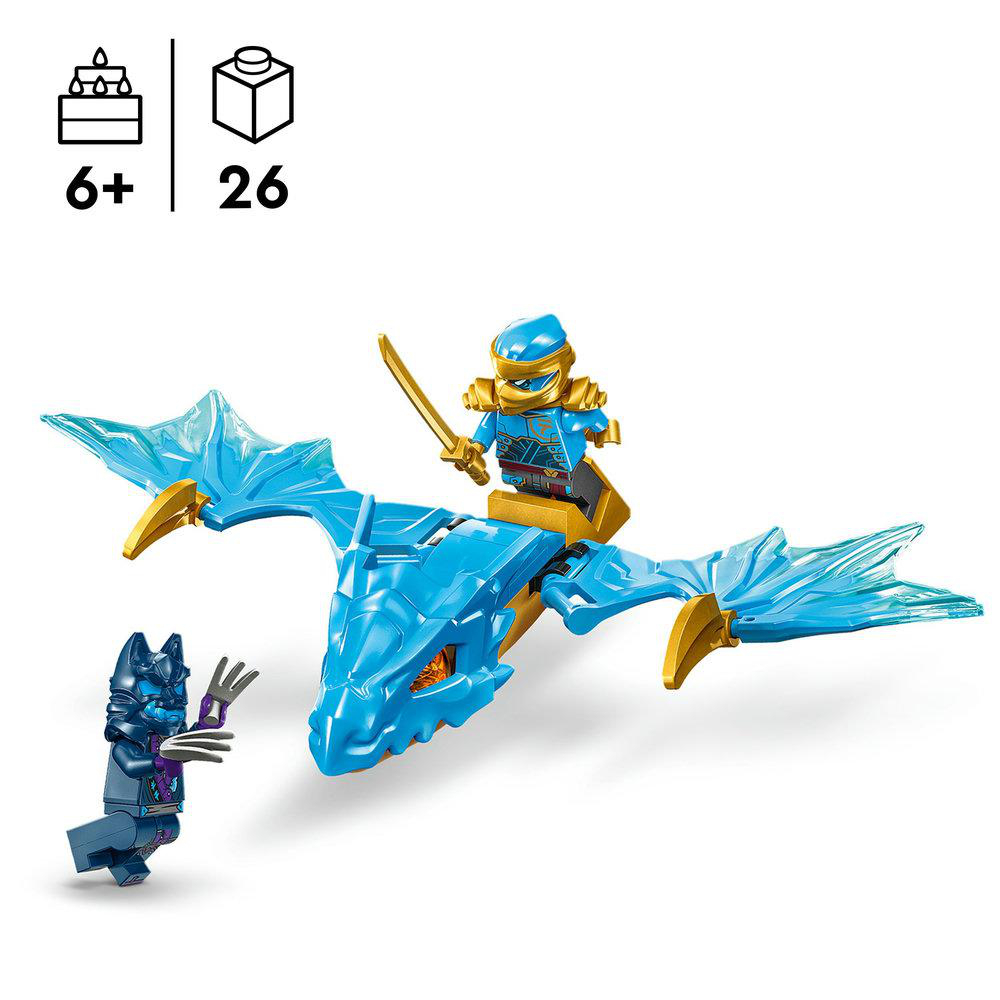 Ein Lego-Set mit einem blauen Drachen, einem Ninja und einem Bösewicht.