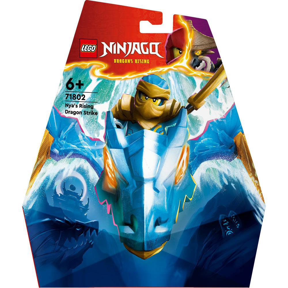Lego Ninjago Box mit blauem Drachen und Ninja. Das Paket ist auf weißem Hintergrund.