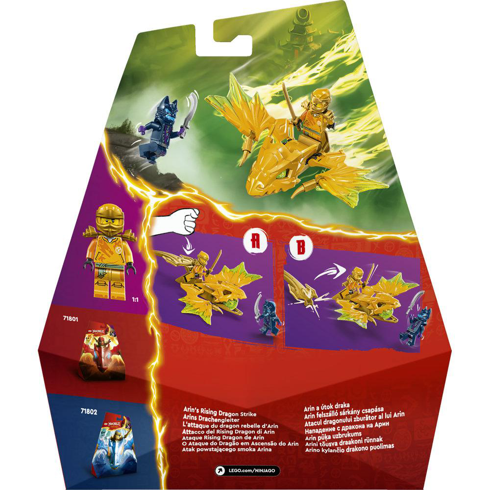 Schachtelkunst eines Ninjago-Sets mit Figuren. Die Kunst zeigt Arin auf einem Drachen und andere Ninja-Figuren.