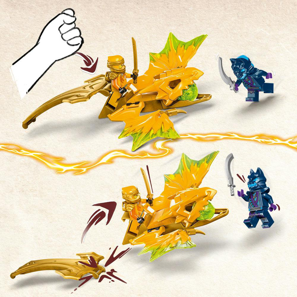 Lego-Figuren mit einem goldenen Drachen und einem Strahl.