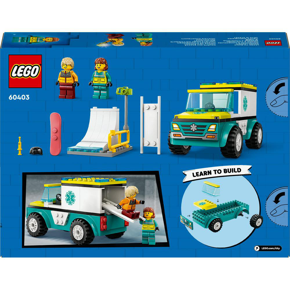 Lego-Box mit Krankenwagen und Minifiguren.