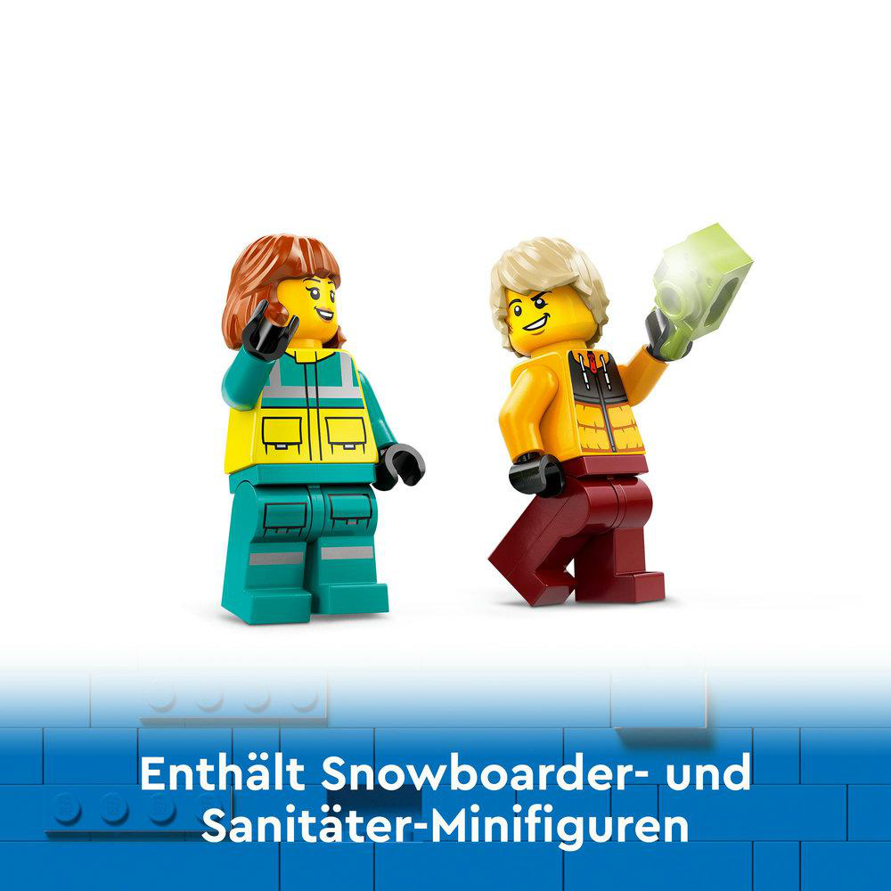 Zwei Lego-Figuren. Einer ist ein Snowboarder, der andere ein Sanitäter mit einem grünen Objekt.