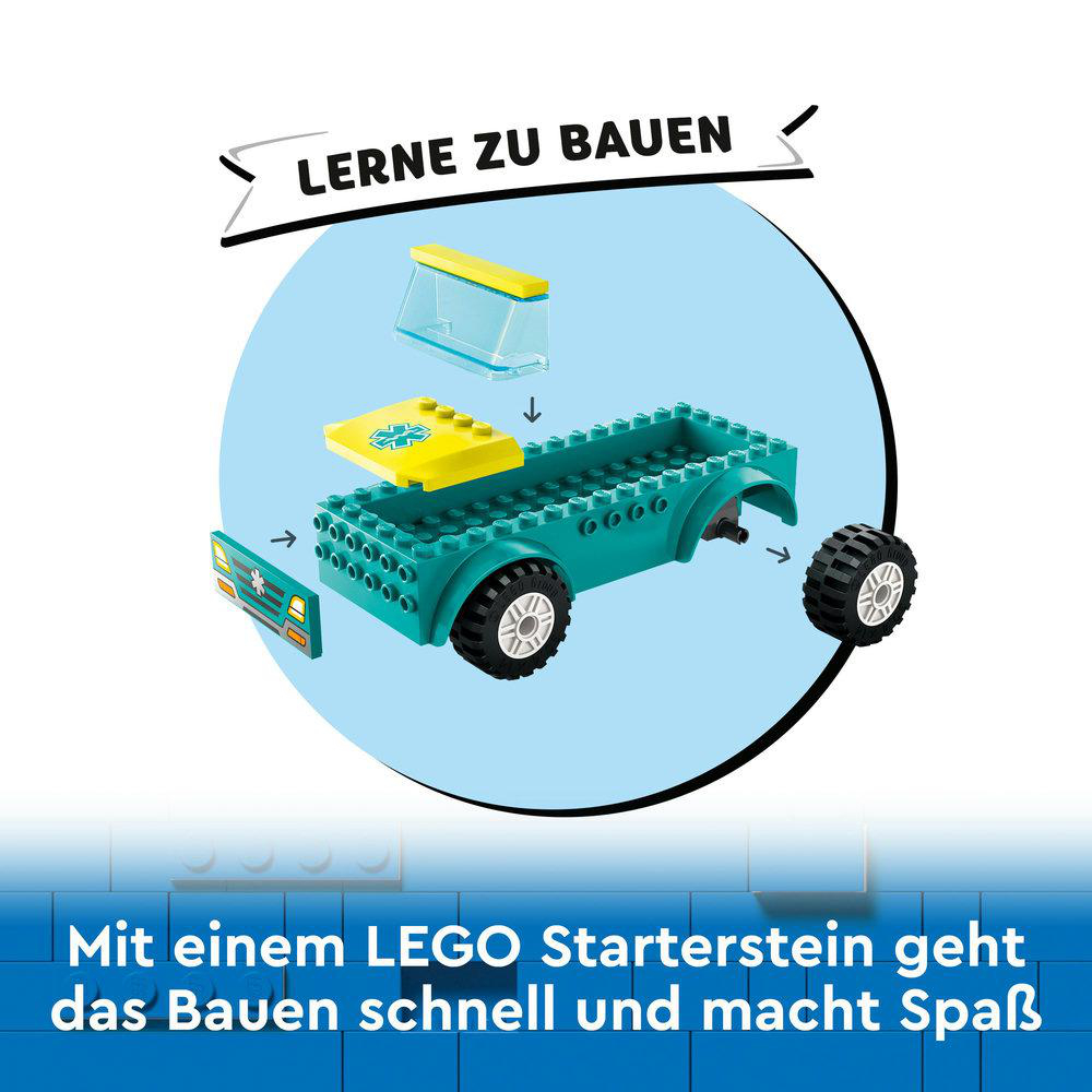 Ein LEGO-Auto-Set mit Anweisungen, das Autokomponenten und deren Zusammenbau zeigt.