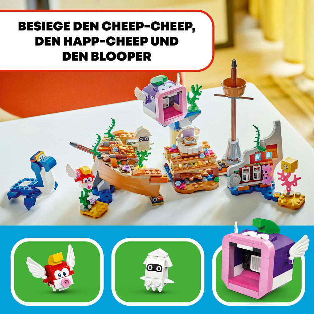 Lego-Set mit farbenfrohen Gebäuden und Figuren, mit Text angezeigt.